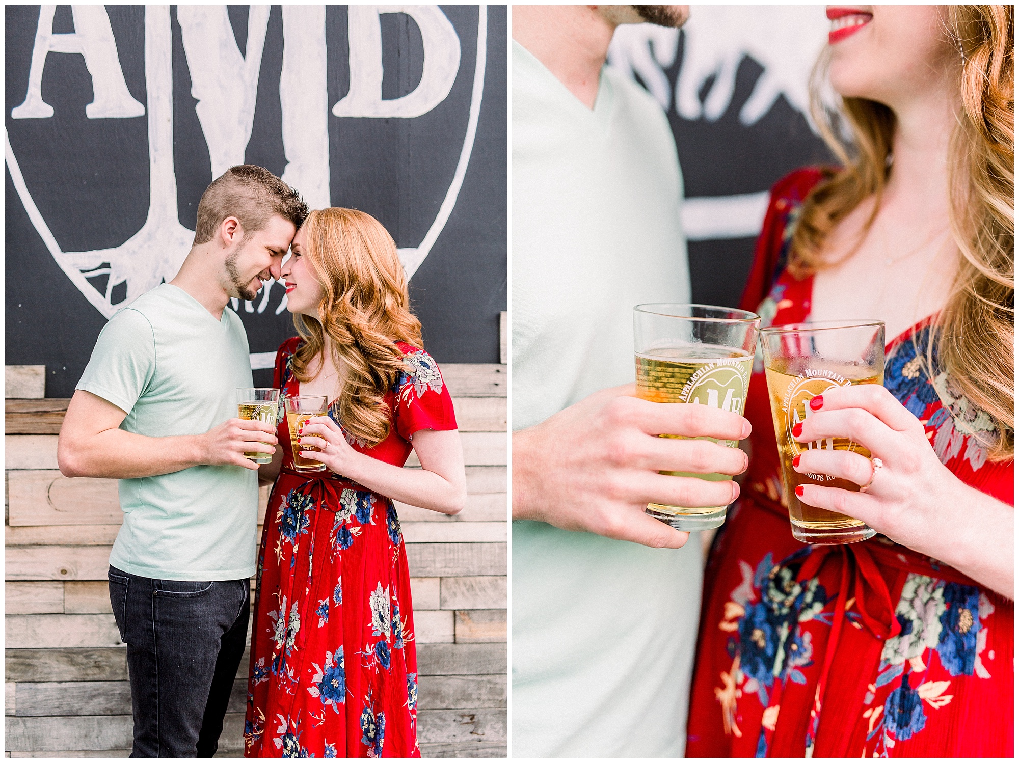 Appalachian Mountain Brewing engagement portraits with couple toasting beers