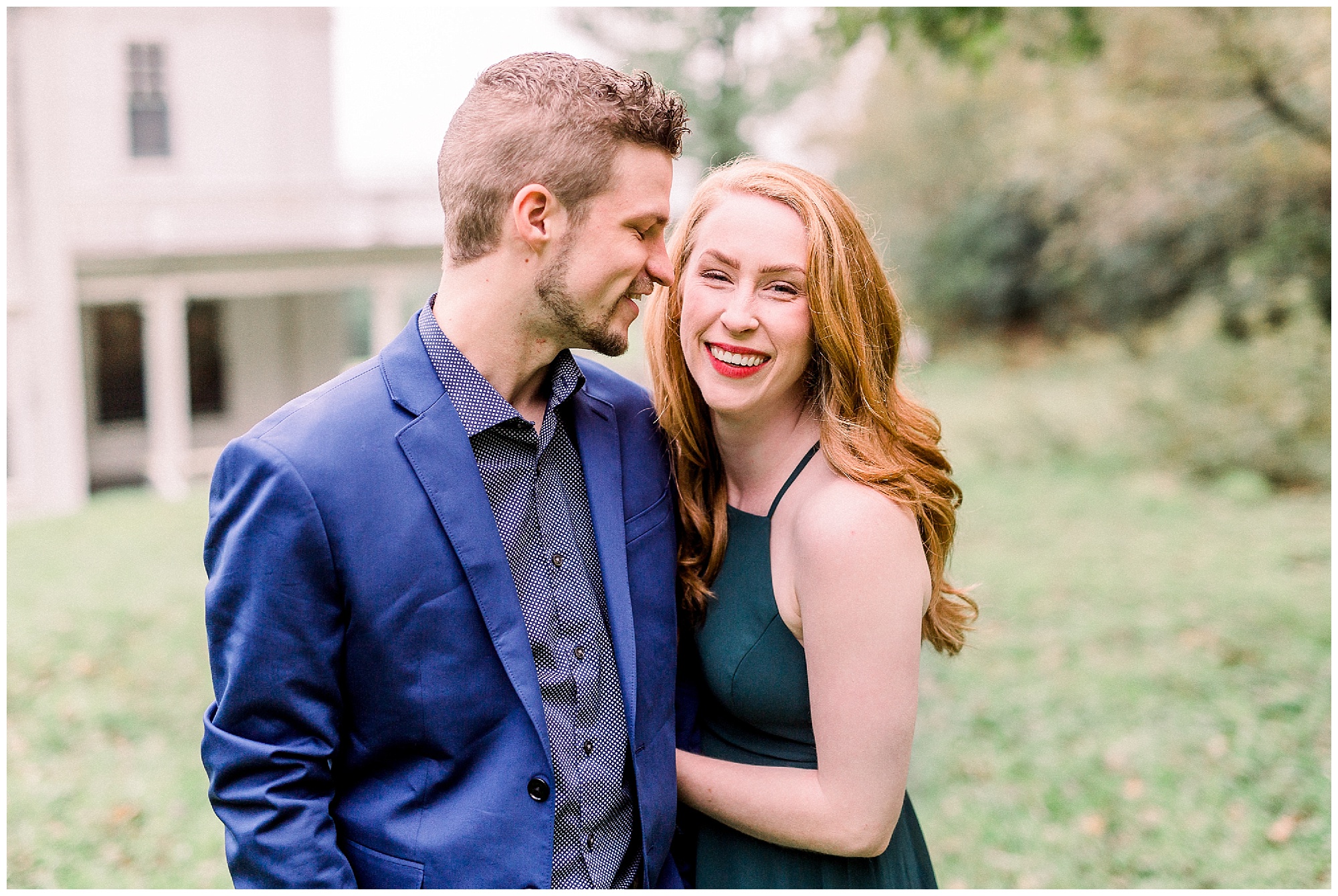 bride laughs during Moses Cone Manor engagement portraits 