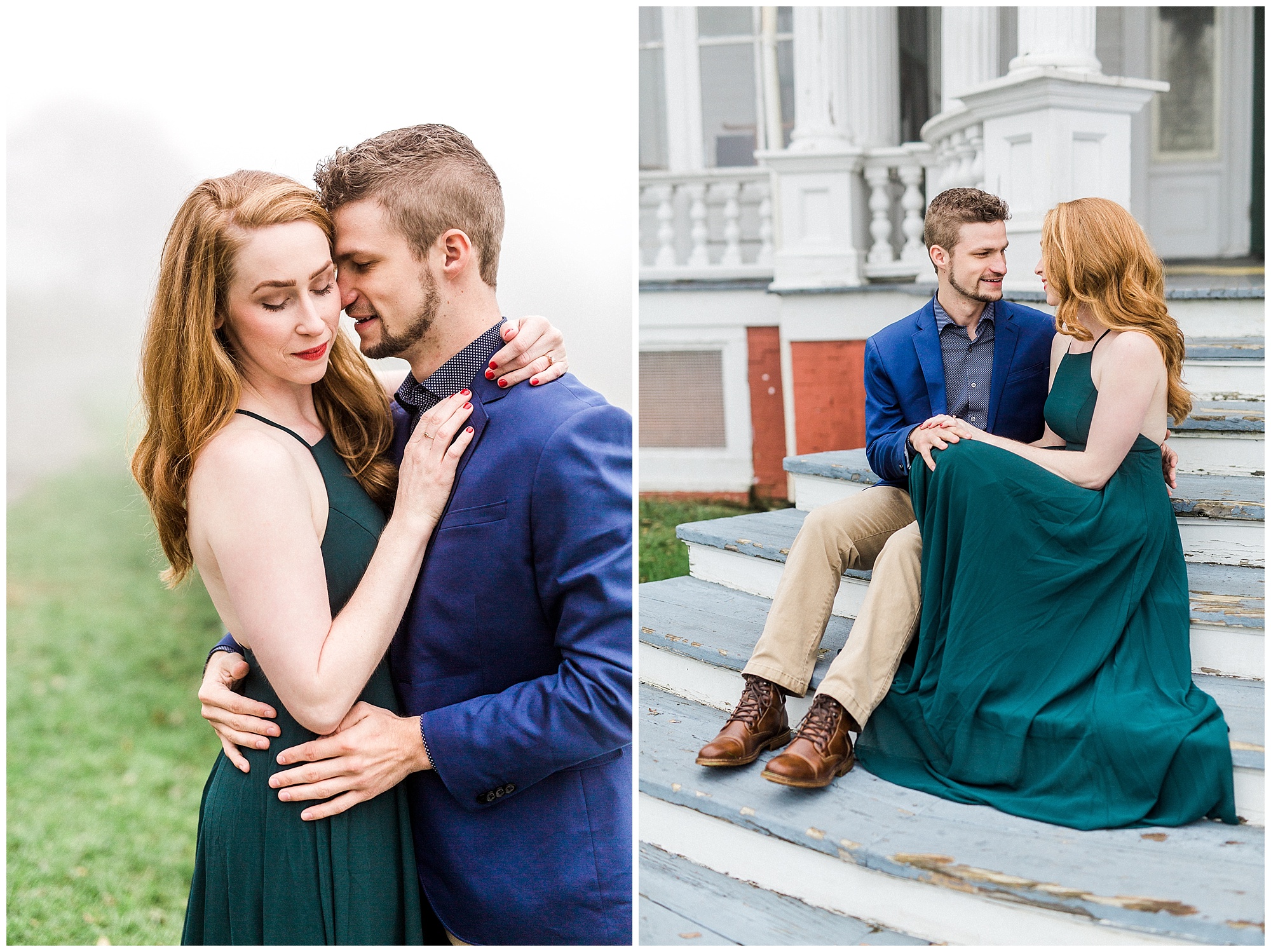 engaged couple poses on steps of Moses Cone Manor