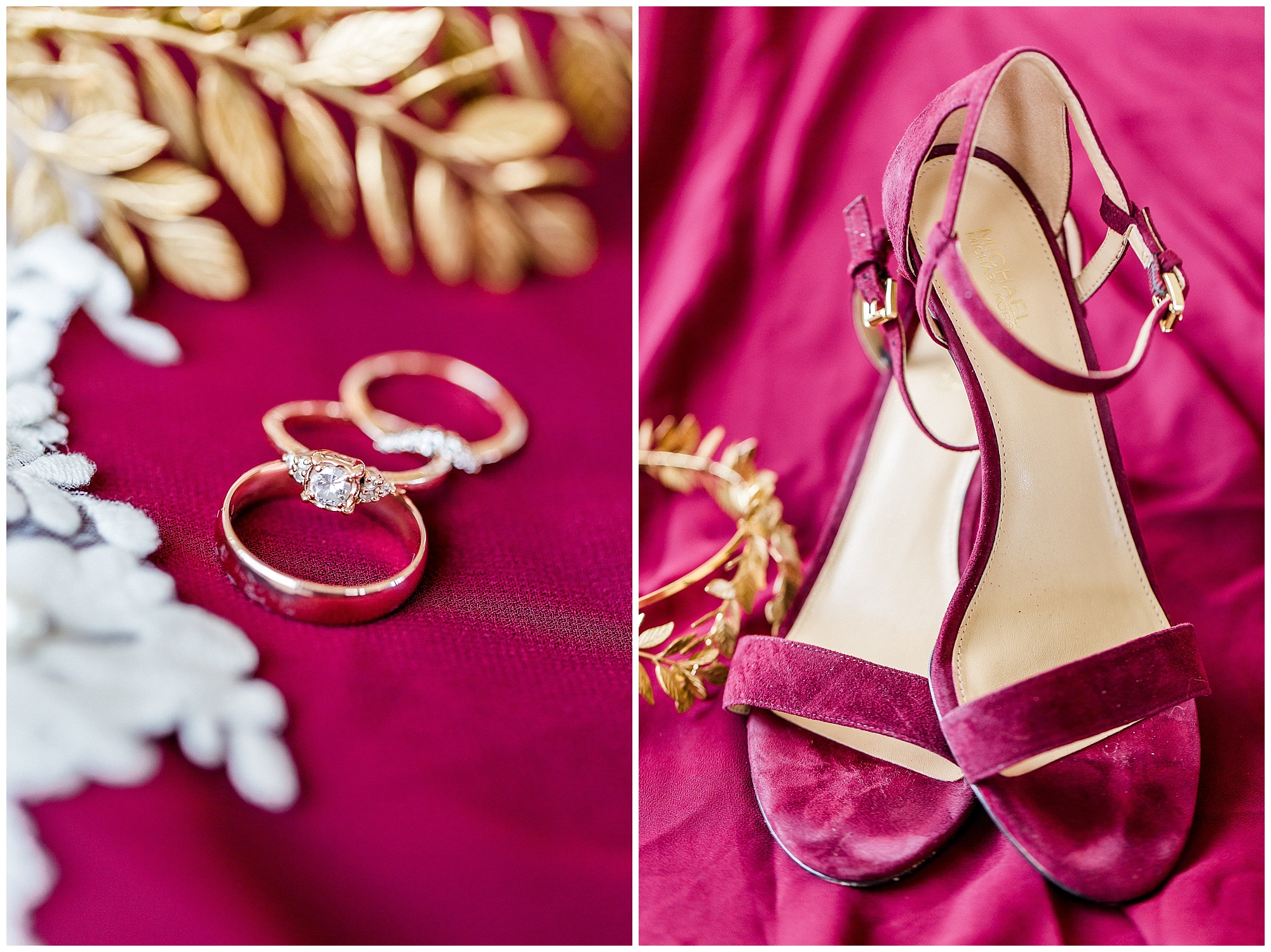 winter wedding burgundy shoes and gold wedding bands on burgundy sheet
