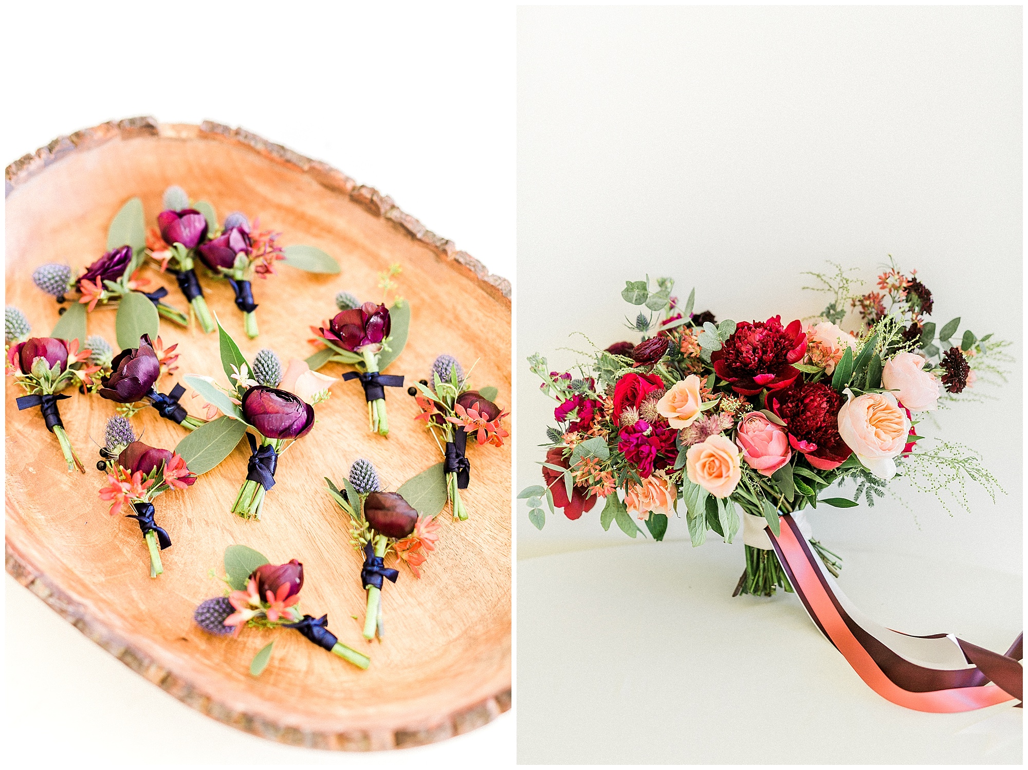 winter wedding florals with red and peach blooms