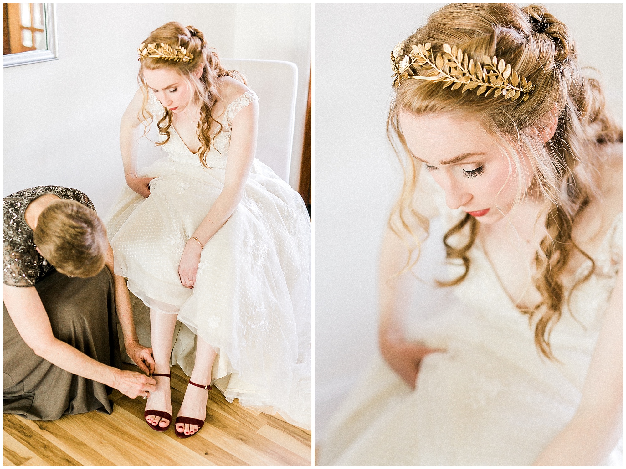 bride puts shoes on before NC wedding in the winter 