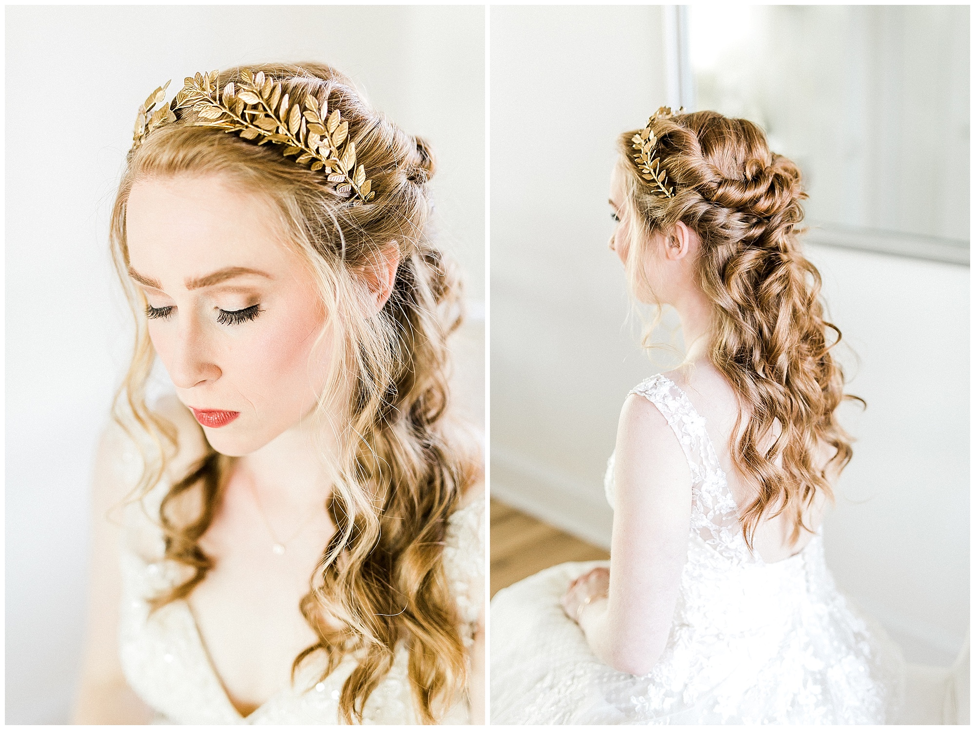winter bride poses with gold crown in her hair