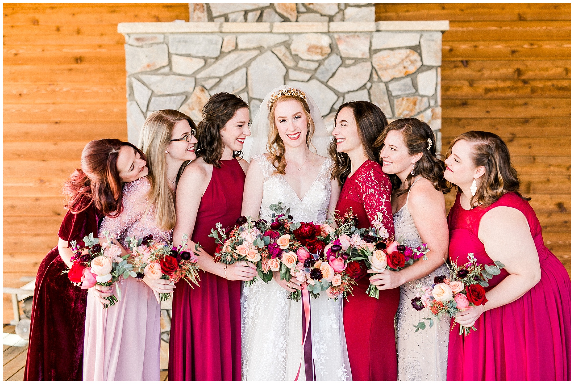 bridesmaids laugh with bride before winter Sky Retreat wedding
