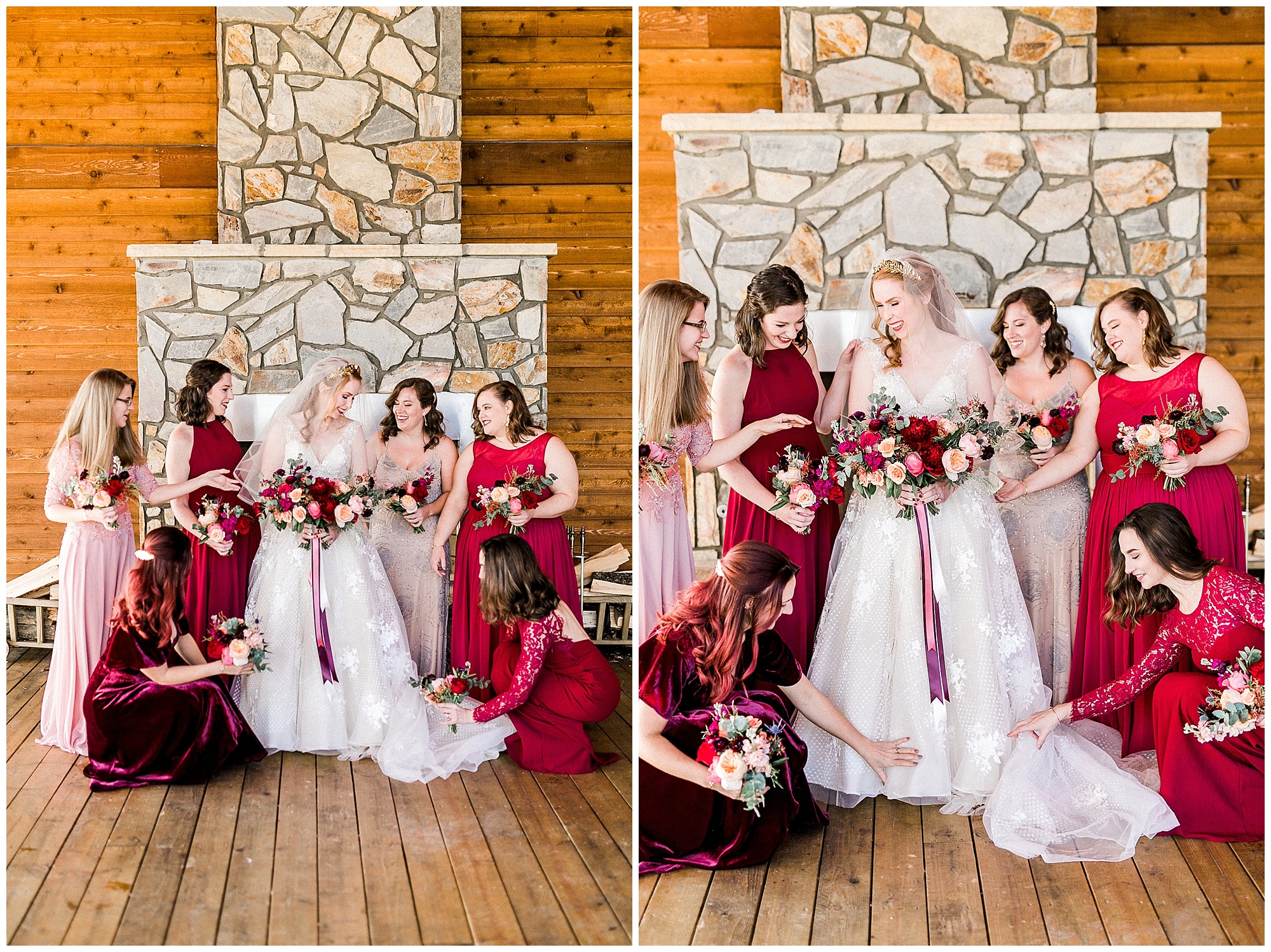 bride laughs with bridesmaids in lobby of Sky Retreat before NC wedding day