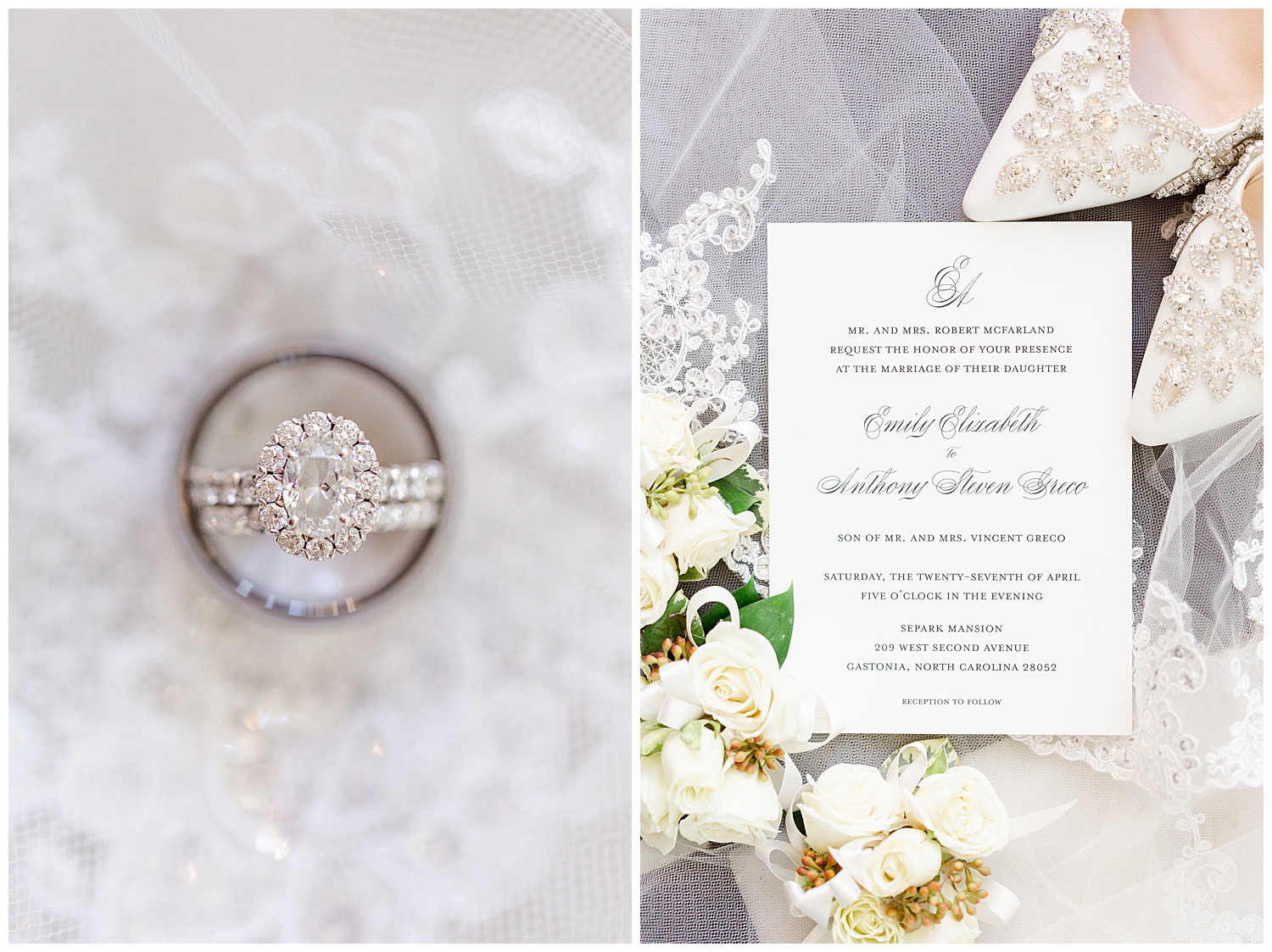 bridal suite details engagement ring and wedding invitation