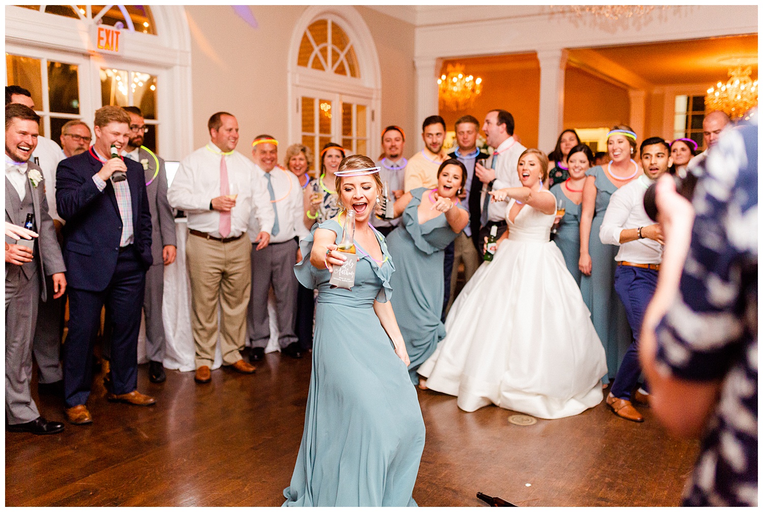 fun reception photos with bridesmaids dancing