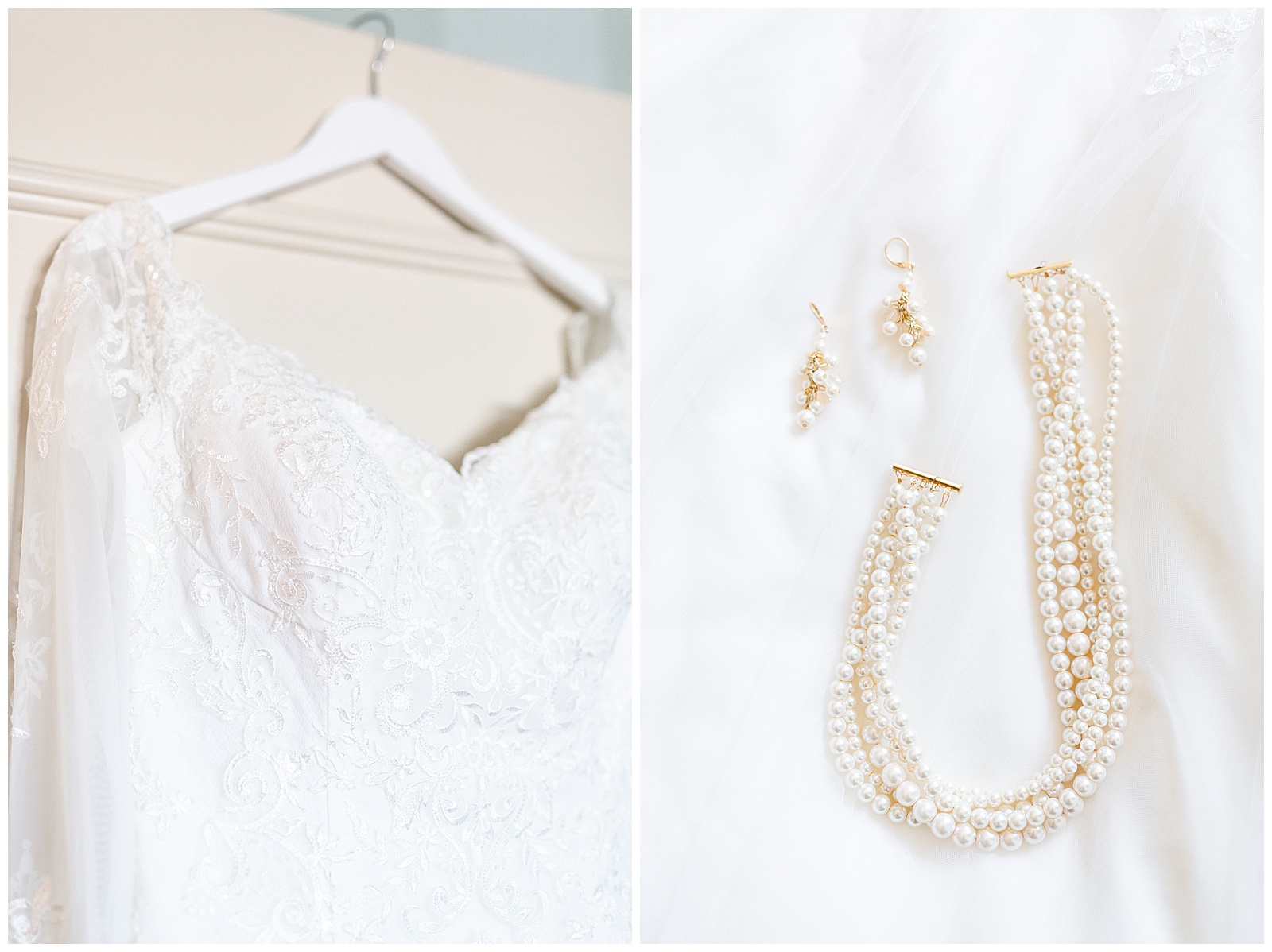 💍 detail shot of lace wedding dress and string of pearls necklace wedding jewelry 💍 Bright Colorful Summer City Wedding in Charlotte, NC with Taryn and Ryan | Kevyn Dixon Photography