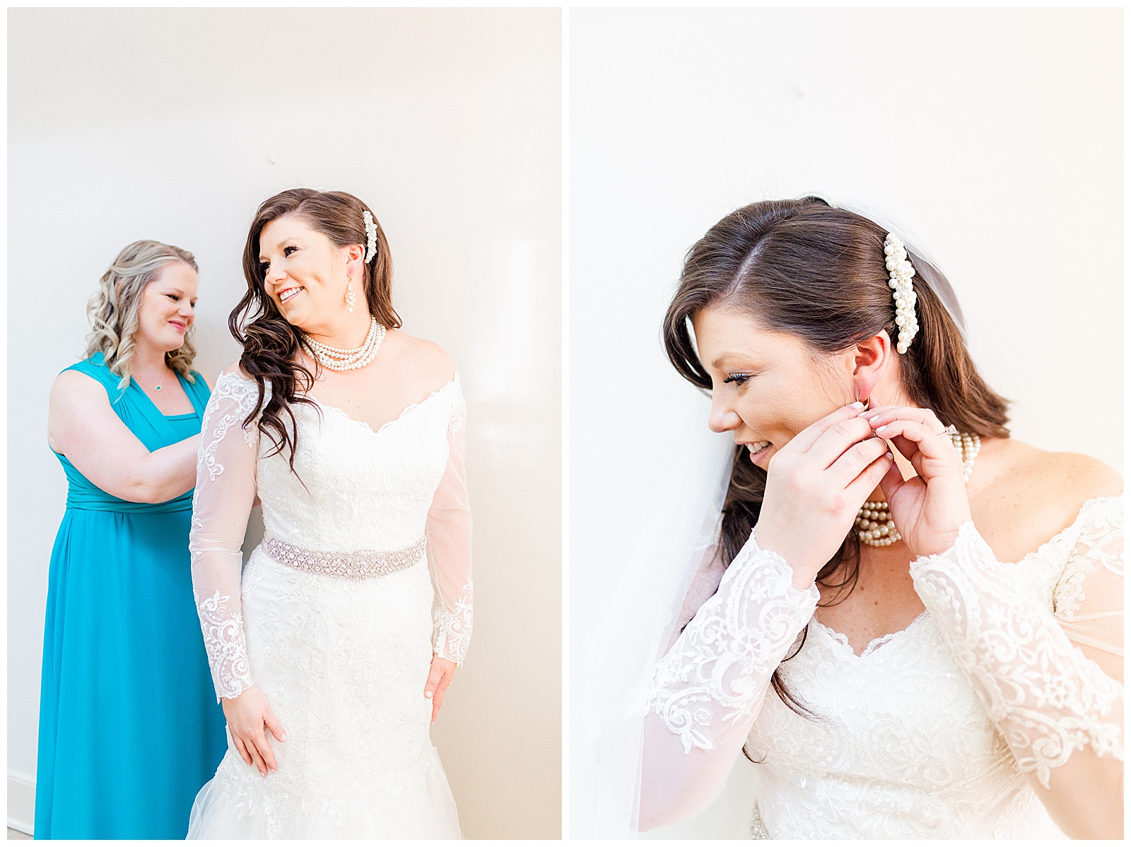 💍 bride getting ready putting on earrings in lace wedding dress with rhinestone belt rhinestone barrette in hair down with pearls 💍 Bright Colorful Summer City Wedding in Charlotte, NC with Taryn and Ryan | Kevyn Dixon Photography