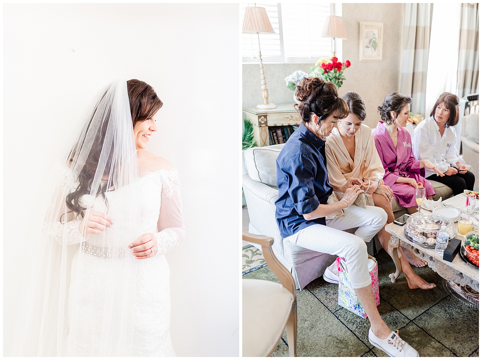 💍 bride and bridesmaids getting ready in lace wedding dress with rhinestone belt rhinestone barrette in hair down with pearls 💍 Bright Colorful Summer City Wedding in Charlotte, NC with Taryn and Ryan | Kevyn Dixon Photography