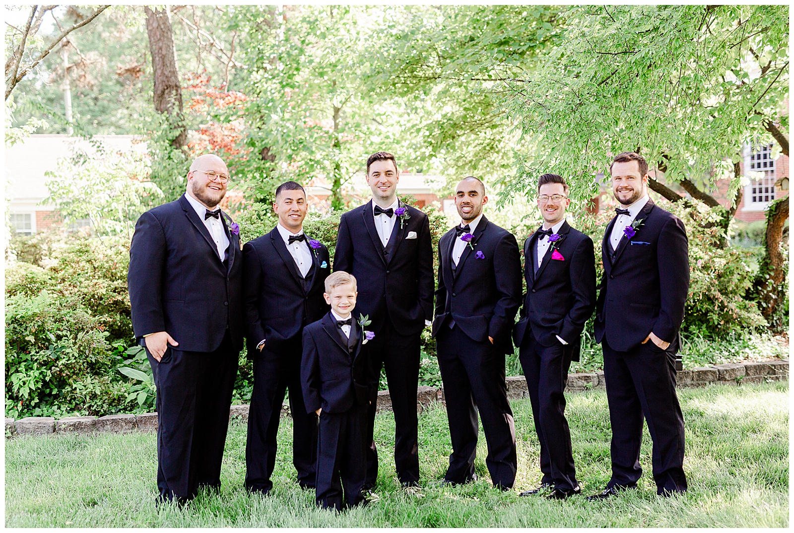 💍 groomsmen and groom group photo matching black tux tuxedos and ring boy 💍 Bright Colorful Summer City Wedding in Charlotte, NC with Taryn and Ryan | Kevyn Dixon Photography