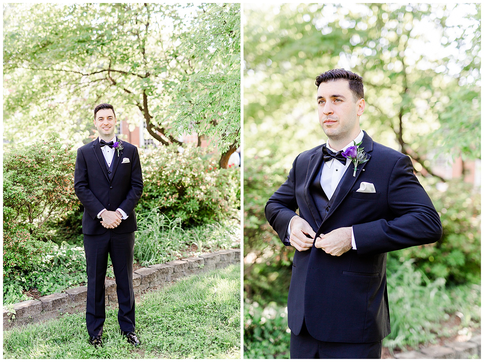 💍 groom portrait detail shots photo in black tux tuxedos and purple boutonniere 💍 Bright Colorful Summer City Wedding in Charlotte, NC with Taryn and Ryan | Kevyn Dixon Photography