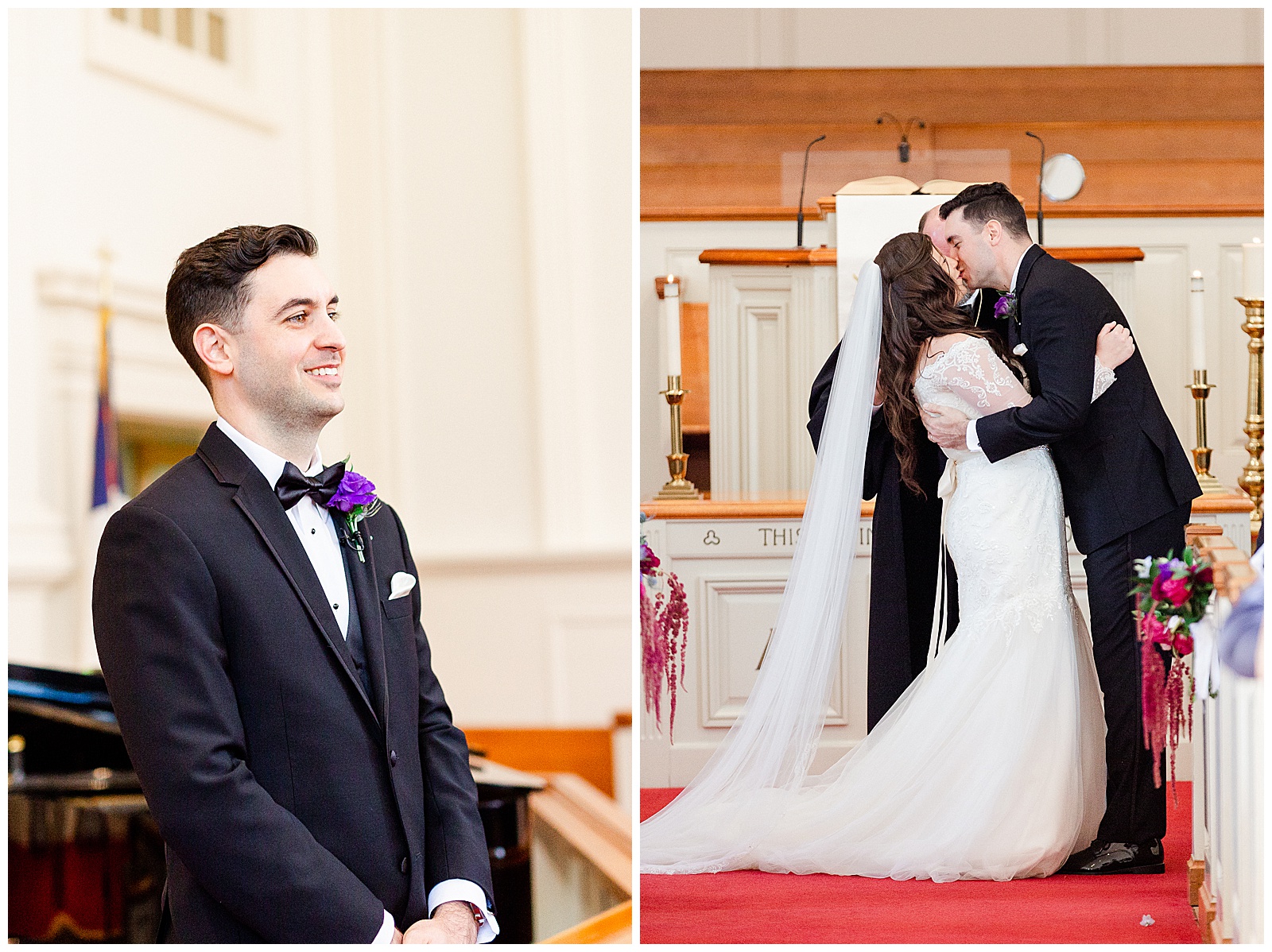 💍 smiling groom sees bride for first time first look and first kiss at wedding ceremony in indoor church 💍 Bright Colorful Summer City Wedding in Charlotte, NC with Taryn and Ryan | Kevyn Dixon Photography