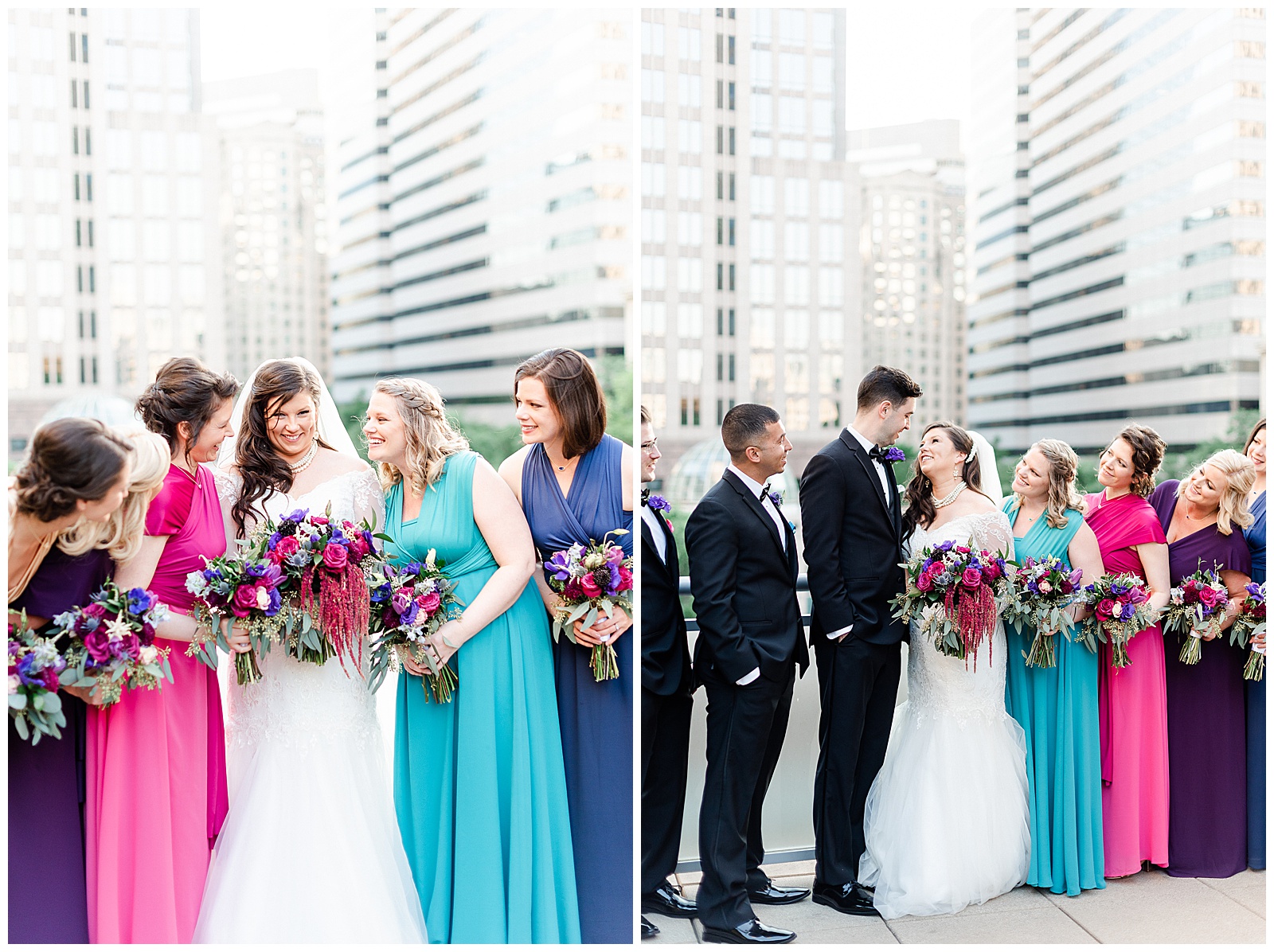 💍 bride groom wedding party group photo outdoor wedding portraits in front of city buildings downtown 👰 Bride: lace wedding dress with rhinestone belt rhinestone barrette in hair down with pearls 🤵 Groom: black tux tuxedo and purple flower boutonnière 💍 Bright Colorful Summer City Wedding in Charlotte, NC with Taryn and Ryan | Kevyn Dixon Photography