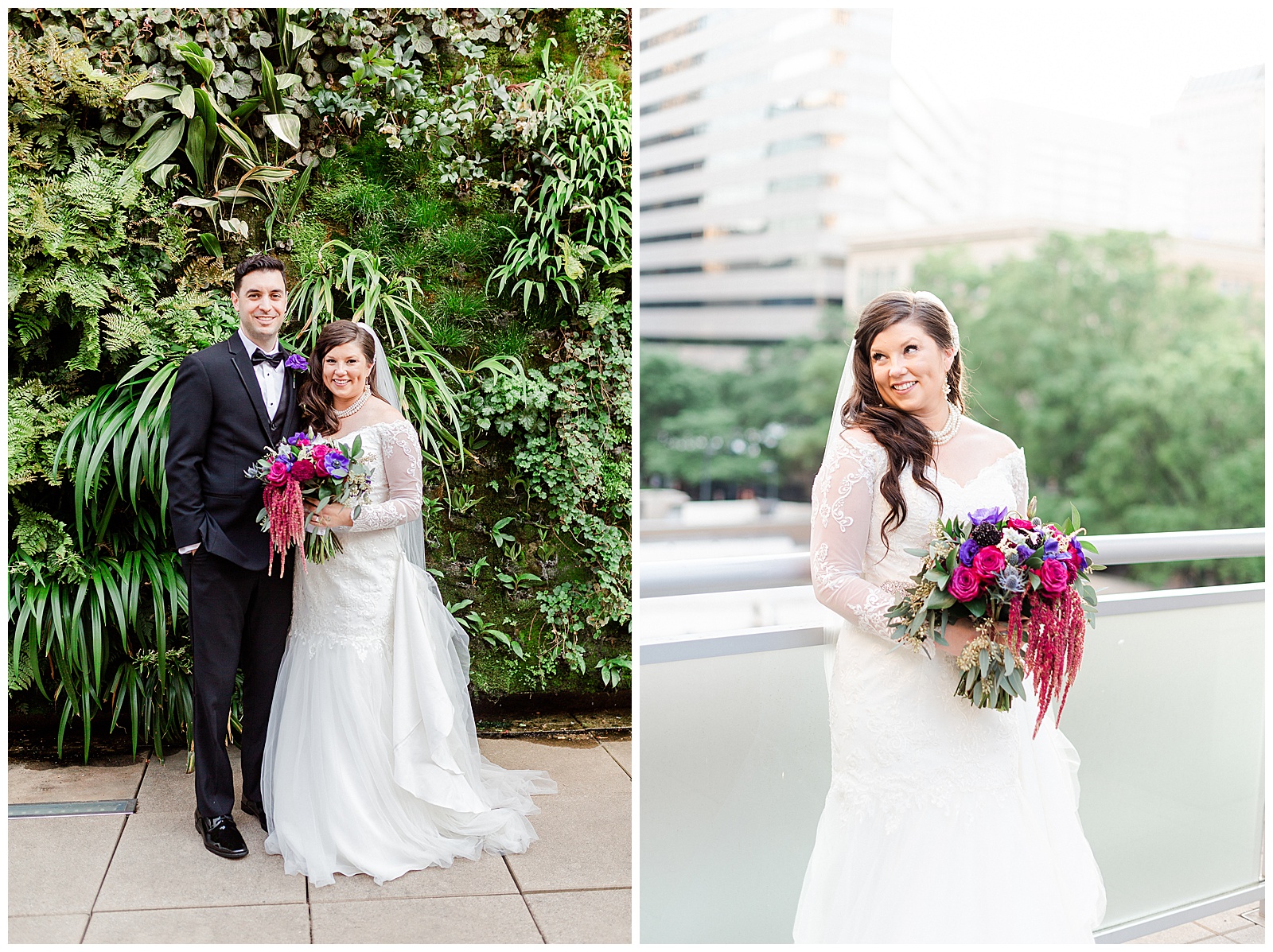 💍 bride groom outdoor wedding portraits in front of gorgeous wall of greenery florals and downtown city bridals 👰 Bride: lace wedding dress with rhinestone belt rhinestone barrette in hair down with pearls 🤵 Groom: black tux tuxedo and purple flower boutonnière 💍 Bright Colorful Summer City Wedding in Charlotte, NC with Taryn and Ryan | Kevyn Dixon Photography