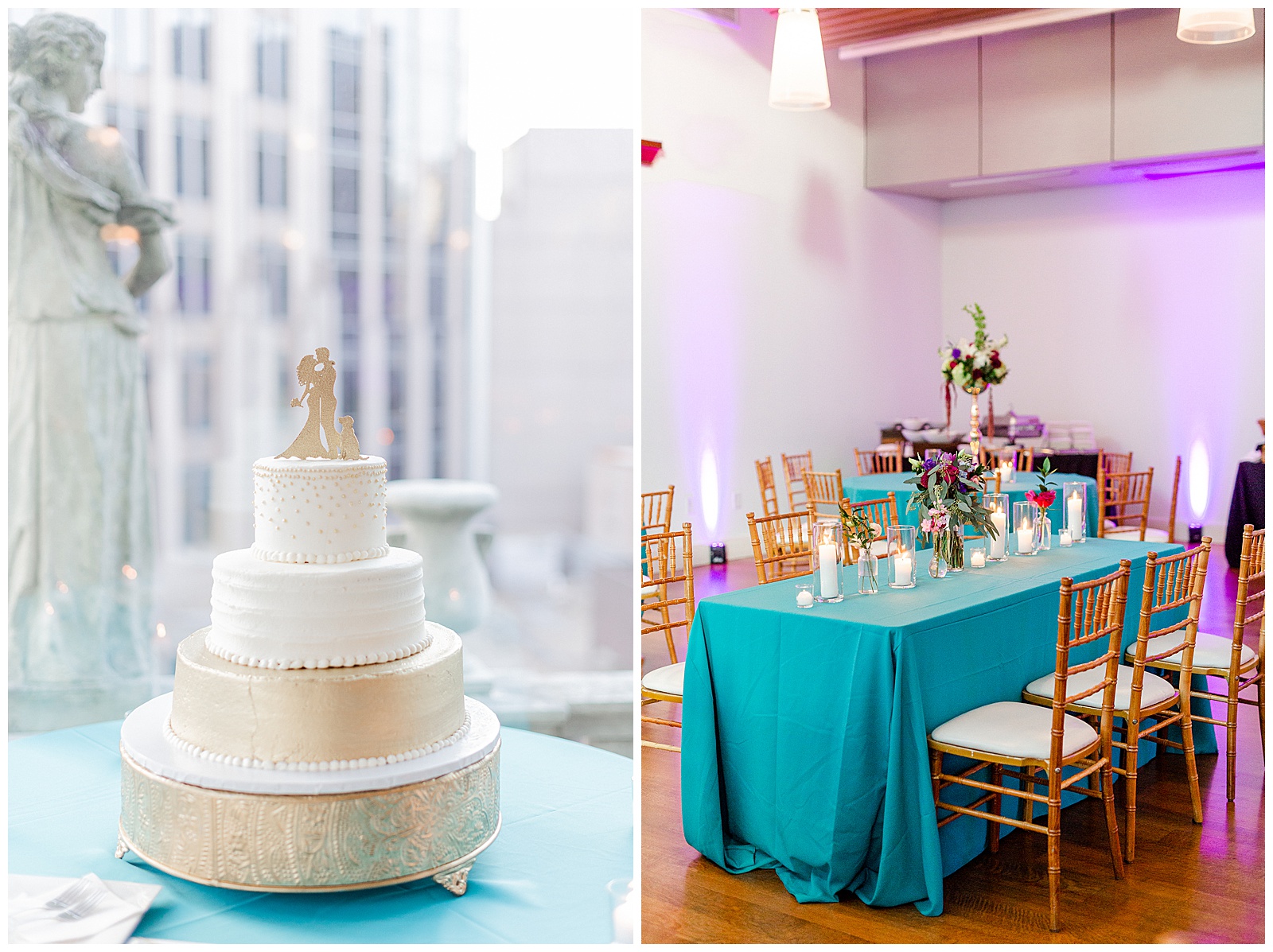 💍 white tiered wedding cake and blue tables indoor reception 💍 Bright Colorful Summer City Wedding in Charlotte, NC with Taryn and Ryan | Kevyn Dixon Photography