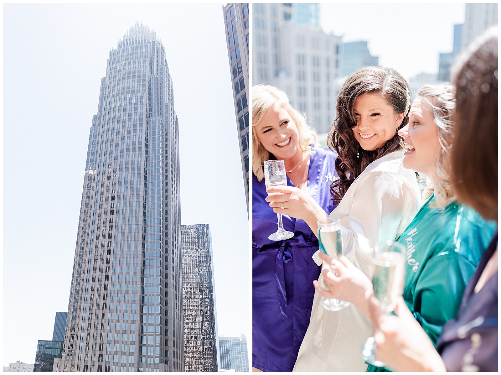 💍 bride bridesmaids have a drink group photo downtown city background venue 👰 Bride: lace wedding dress with rhinestone belt rhinestone barrette in hair down with pearls 💍 Bright Colorful Summer City Wedding in Charlotte, NC with Taryn and Ryan | Kevyn Dixon Photography