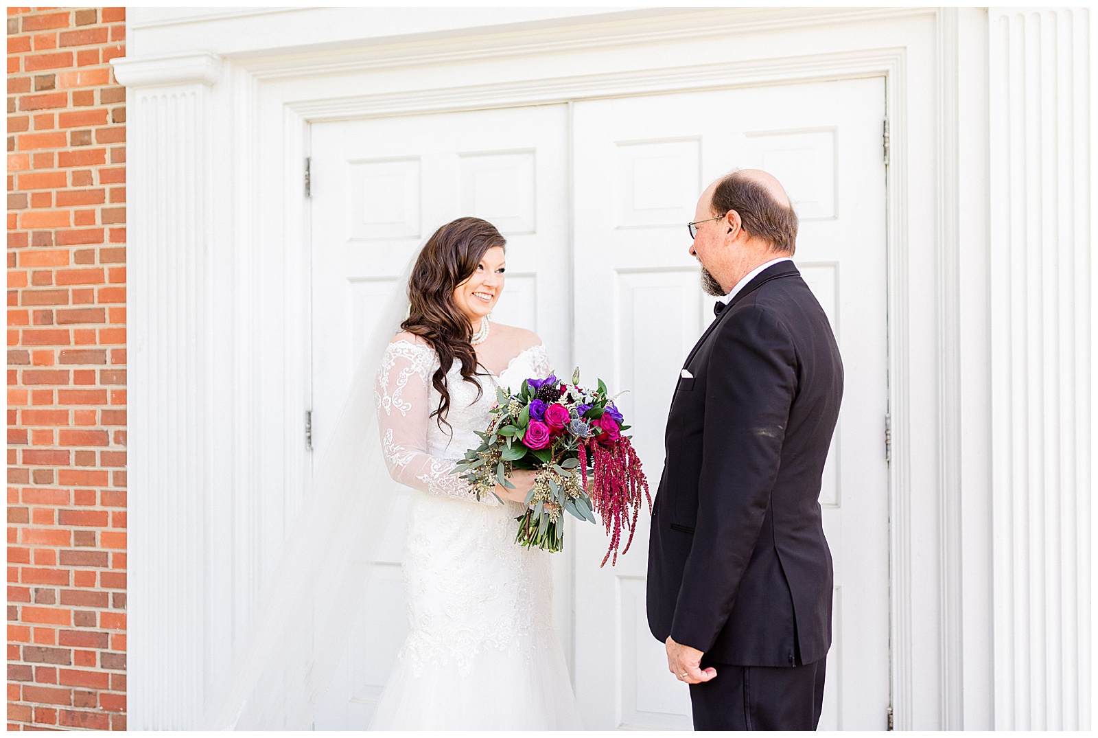 💍 emotional first look dad father of bride outdoor 👰 Bride: lace wedding dress with rhinestone belt rhinestone barrette in hair down with pearls 💍 Bright Colorful Summer City Wedding in Charlotte, NC with Taryn and Ryan | Kevyn Dixon Photography