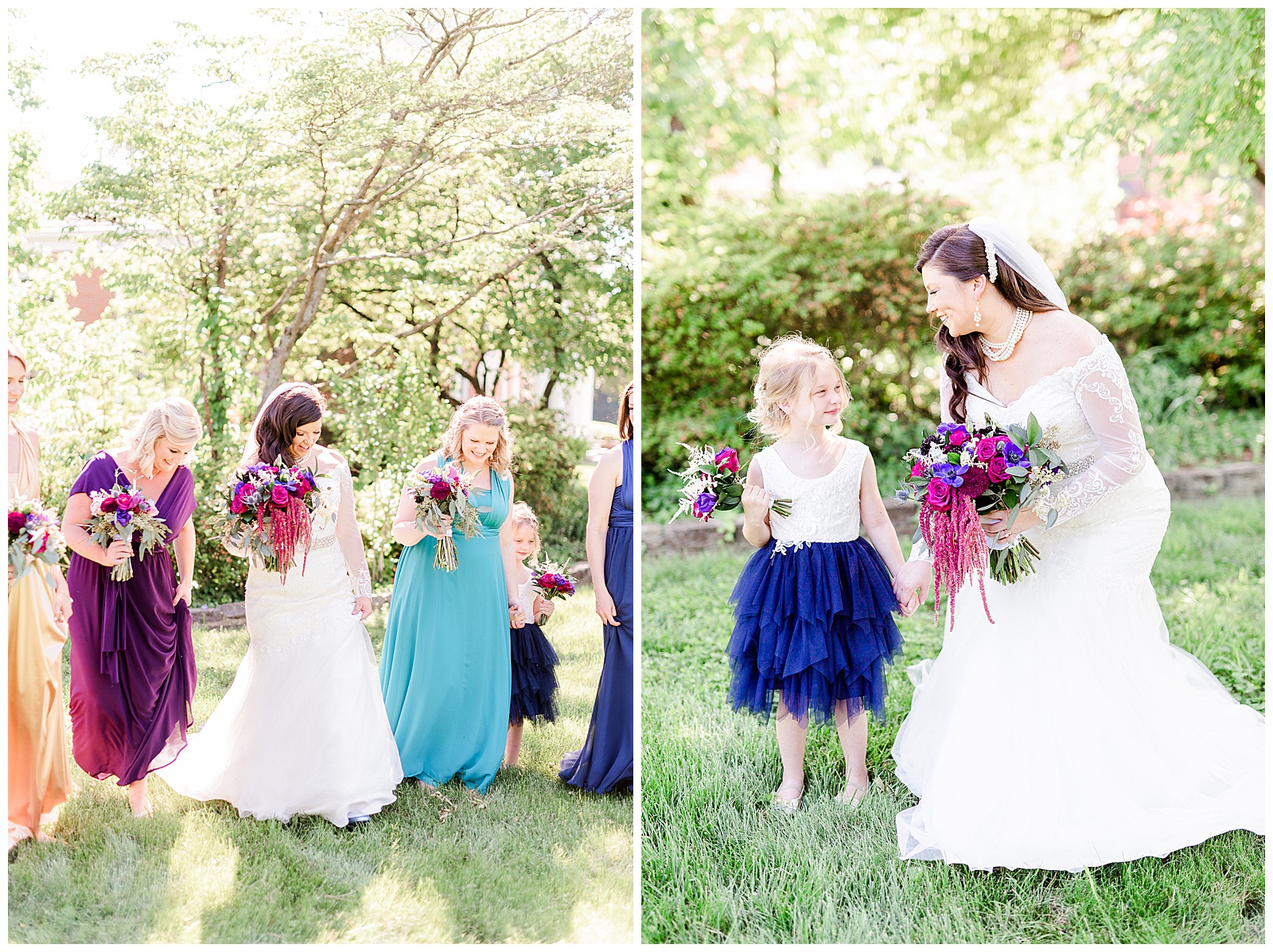 💍 cute flower girl twirling and bold color bridesmaid dresses and bouquet detail shot 👰 Bride: lace wedding dress with rhinestone belt rhinestone barrette in hair down with pearls 💍 Bright Colorful Summer City Wedding in Charlotte, NC with Taryn and Ryan | Kevyn Dixon Photography