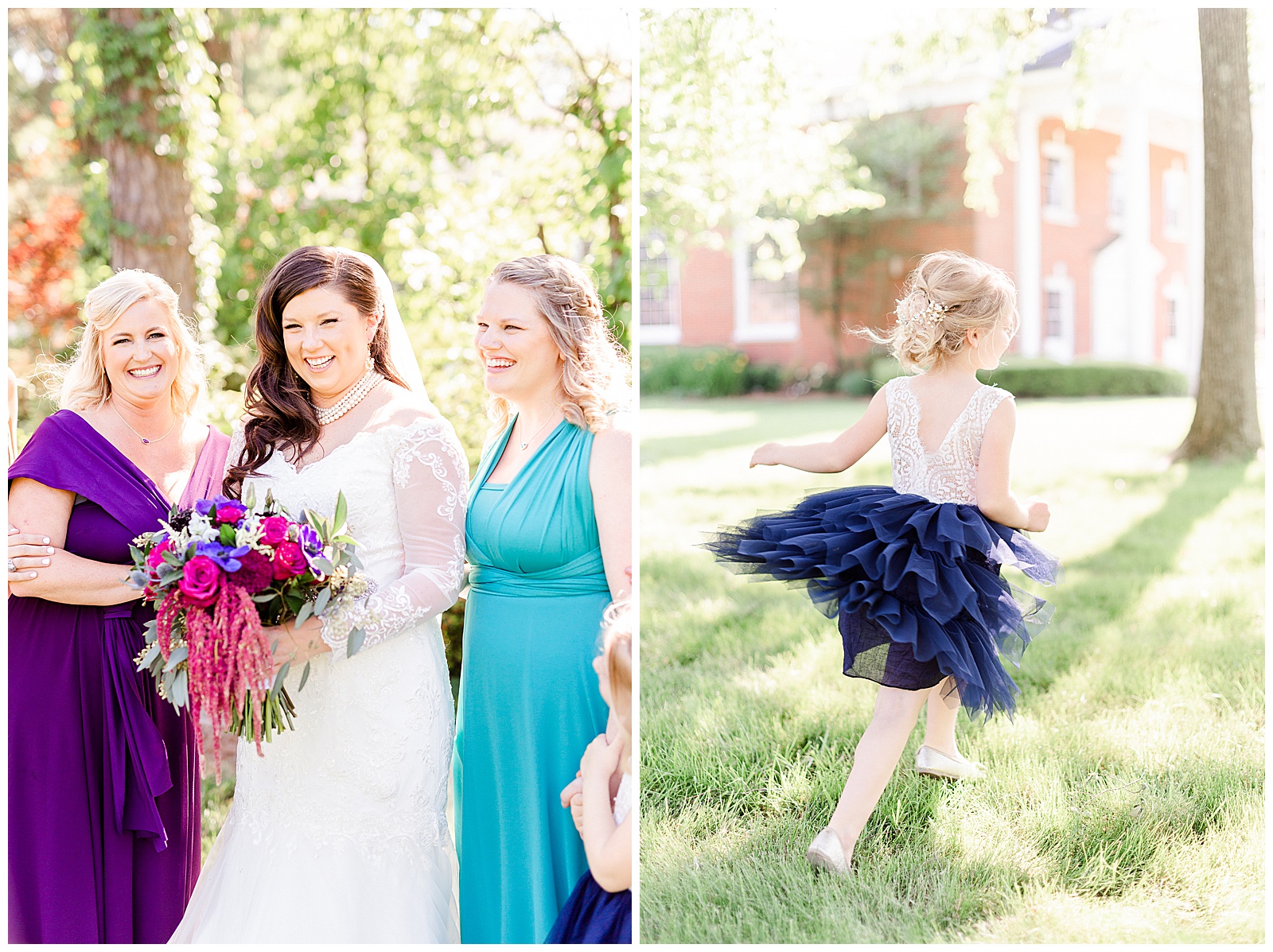 💍 cute flower girl twirling and bold color bridesmaid dresses and bouquet detail shot 👰 Bride: lace wedding dress with rhinestone belt rhinestone barrette in hair down with pearls 💍 Bright Colorful Summer City Wedding in Charlotte, NC with Taryn and Ryan | Kevyn Dixon Photography