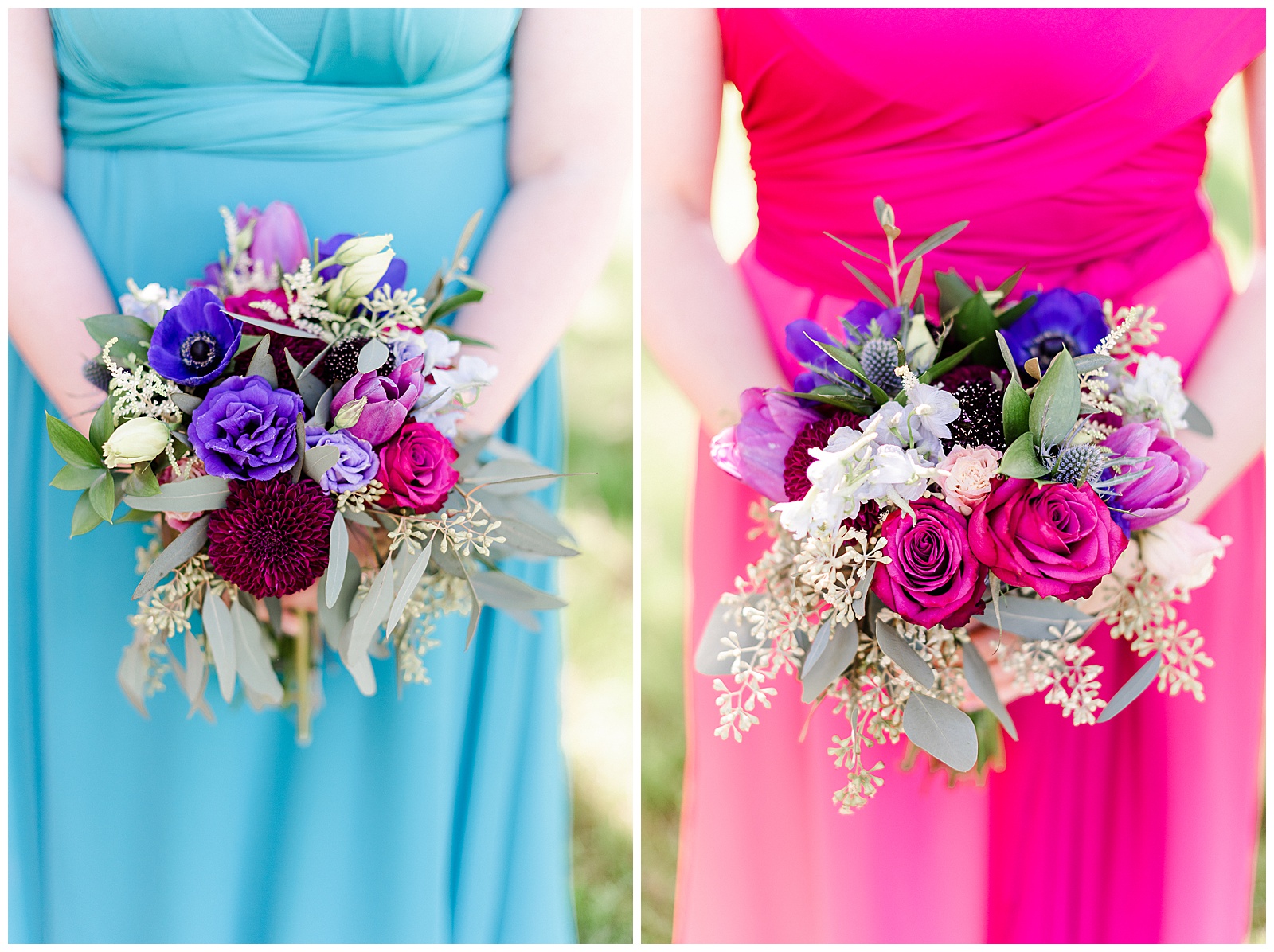 💍 bold pink and blue color bridesmaid dresses and pink and purple bouquet detail shot 👰 Bride: lace wedding dress with rhinestone belt rhinestone barrette in hair down with pearls 💍 Bright Colorful Summer City Wedding in Charlotte, NC with Taryn and Ryan | Kevyn Dixon Photography