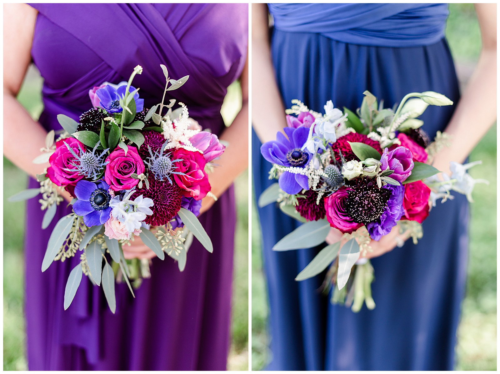 💍 bold purple and blue color bridesmaid dresses and pink and purple bouquet detail shot 👰 Bride: lace wedding dress with rhinestone belt rhinestone barrette in hair down with pearls 💍 Bright Colorful Summer City Wedding in Charlotte, NC with Taryn and Ryan | Kevyn Dixon Photography