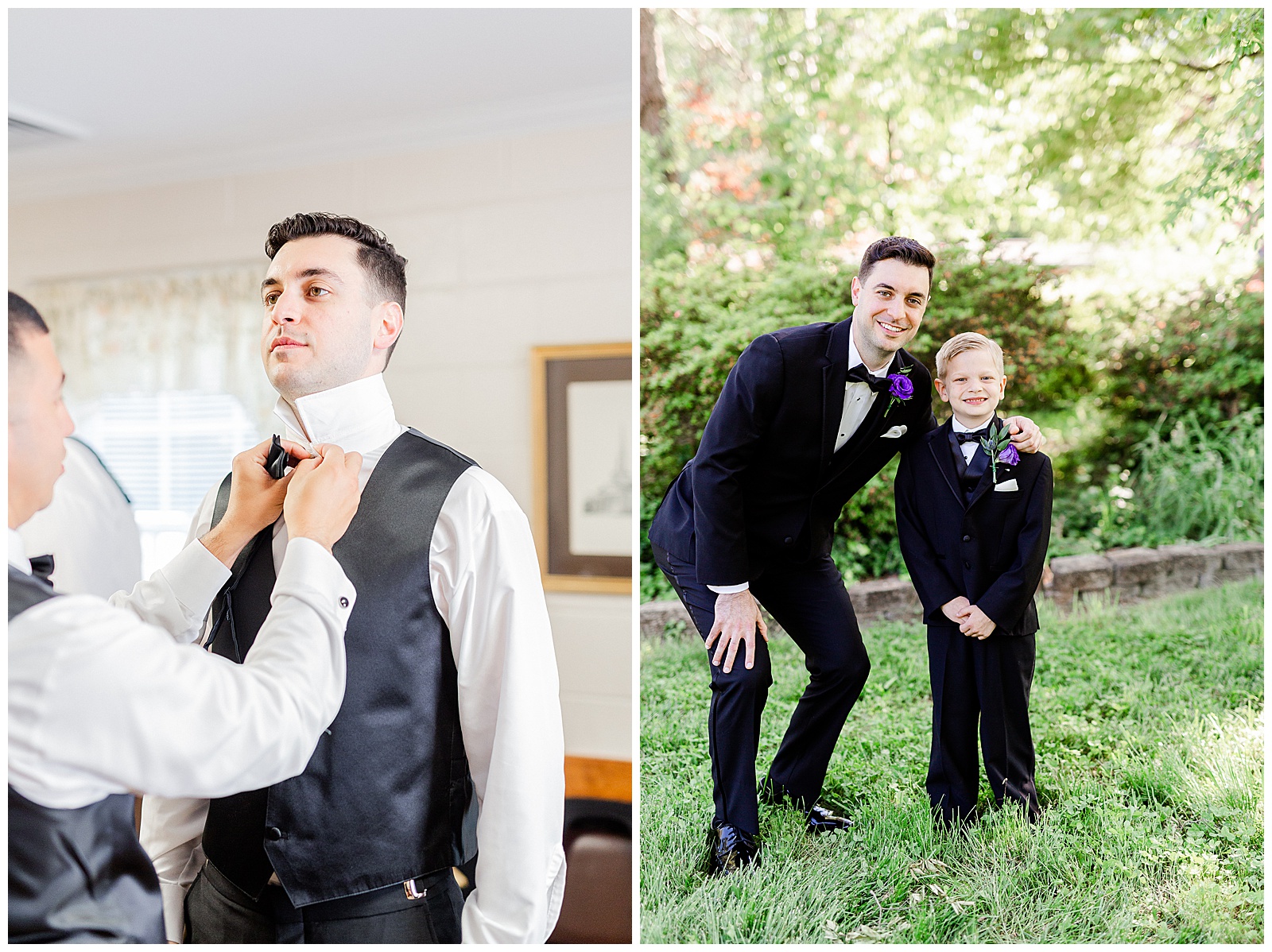 💍 groom and groomsmen getting ready shot and cute ring boy 🤵 Groom: black tux tuxedo and purple flower boutonnière 💍 Bright Colorful Summer City Wedding in Charlotte, NC with Taryn and Ryan | Kevyn Dixon Photography