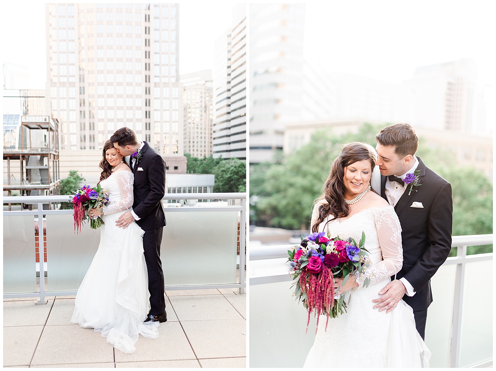 💍 bride groom portraits with downtown city in the background venue 👰 Bride: lace wedding dress with rhinestone belt rhinestone barrette in hair down with pearls 🤵 Groom: black tux tuxedo and purple flower boutonnière 💍 Bright Colorful Summer City Wedding in Charlotte, NC with Taryn and Ryan | Kevyn Dixon Photography