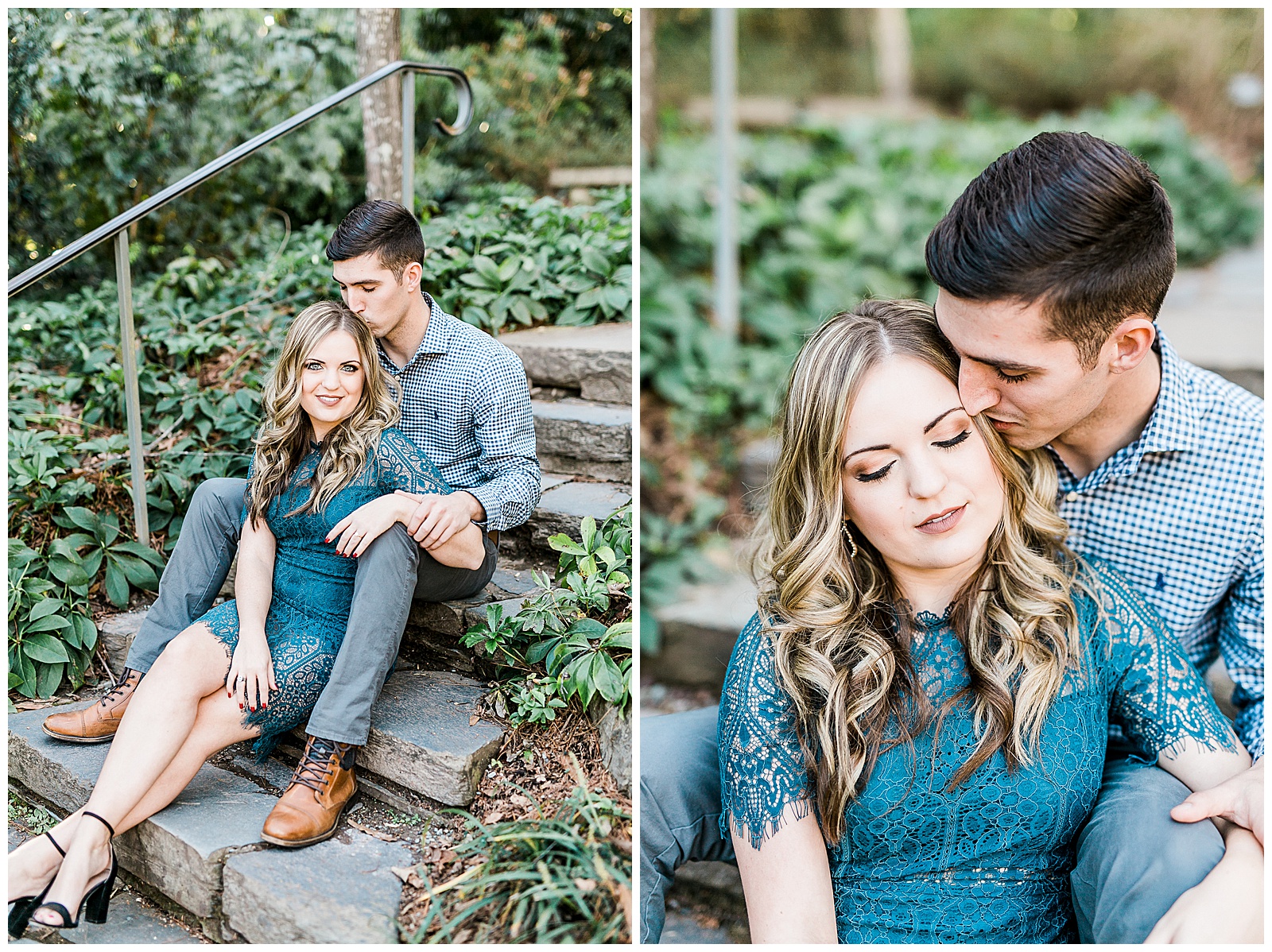 Blue Lace Dress Blue Button Up Golden Hour Outdoor Fall Engagement Session with Whitney and Logan by Kevyn Dixon Photography