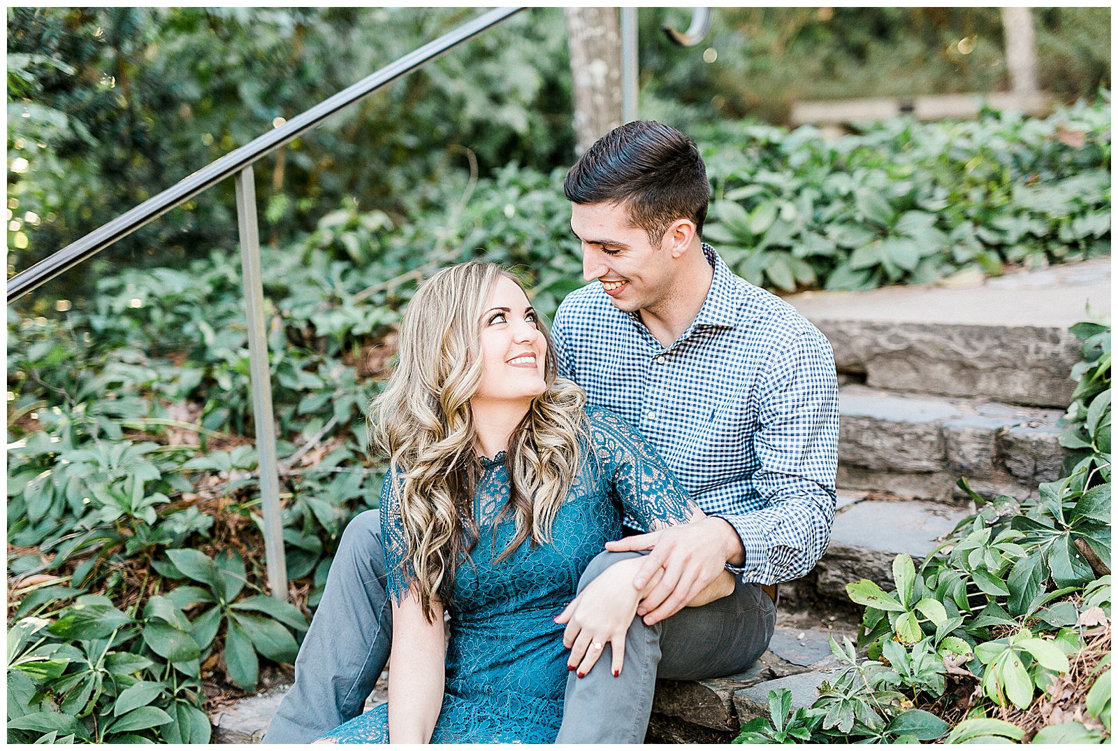 Blue Lace Dress Blue Button Up Golden Hour Outdoor Fall Engagement Session with Whitney and Logan by Kevyn Dixon Photography