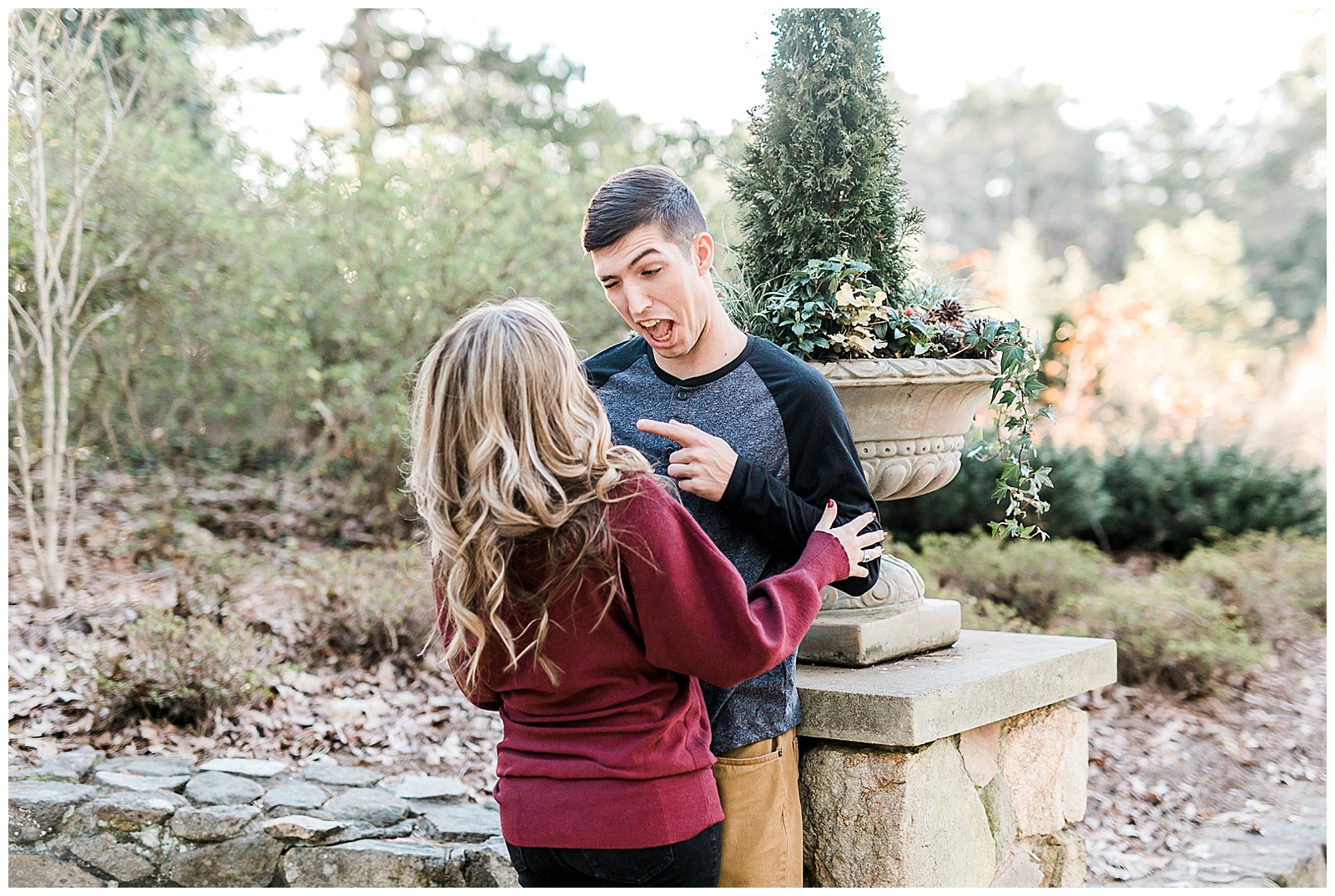 Cozy Red Sweater Casual Outfit Outdoor Fall Engagement Session with Whitney and Logan by Kevyn Dixon Photography