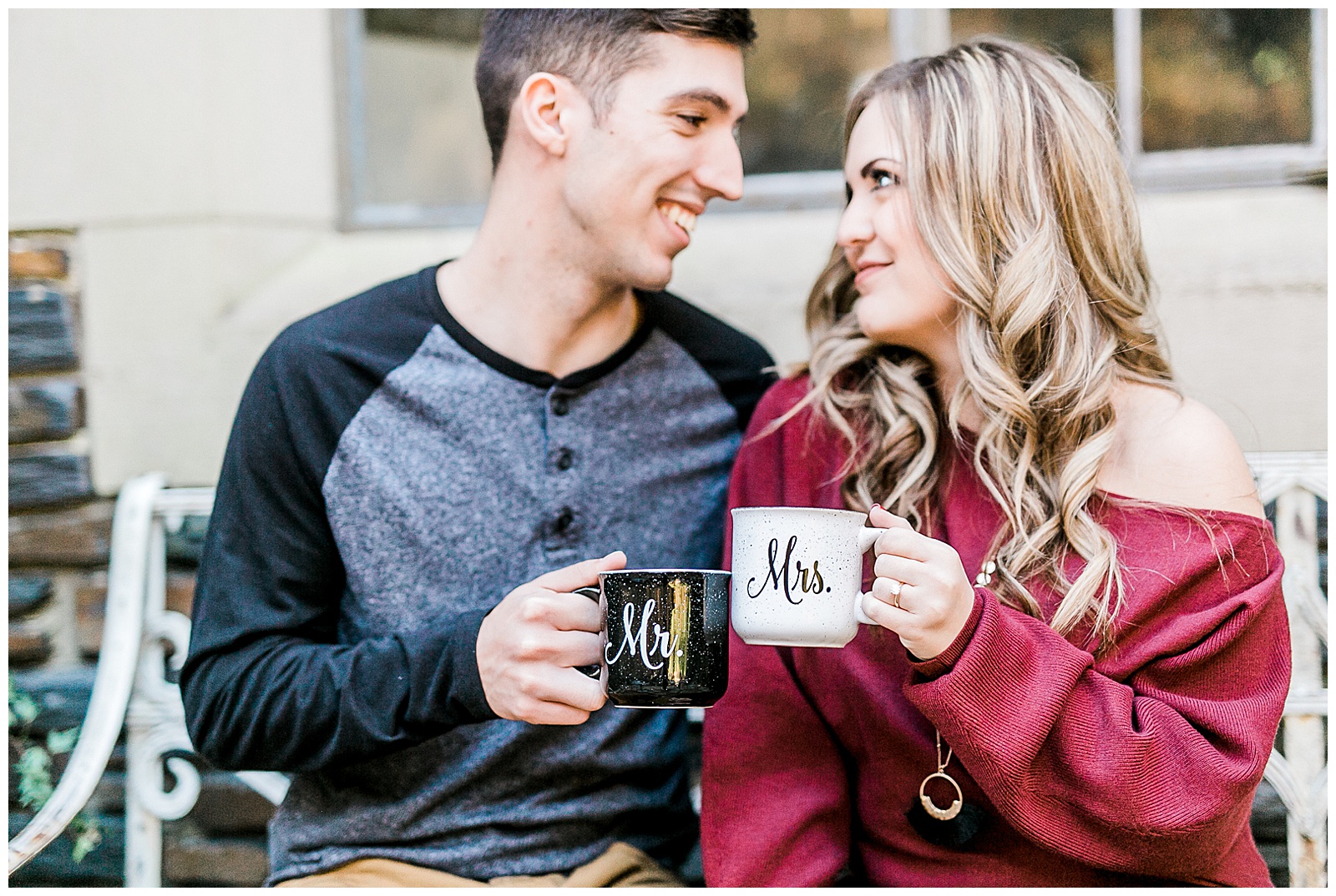 Mr. Mrs. Mug Cozy Red Sweater Casual Outfit Outdoor Fall Engagement Session with Whitney and Logan by Kevyn Dixon Photography