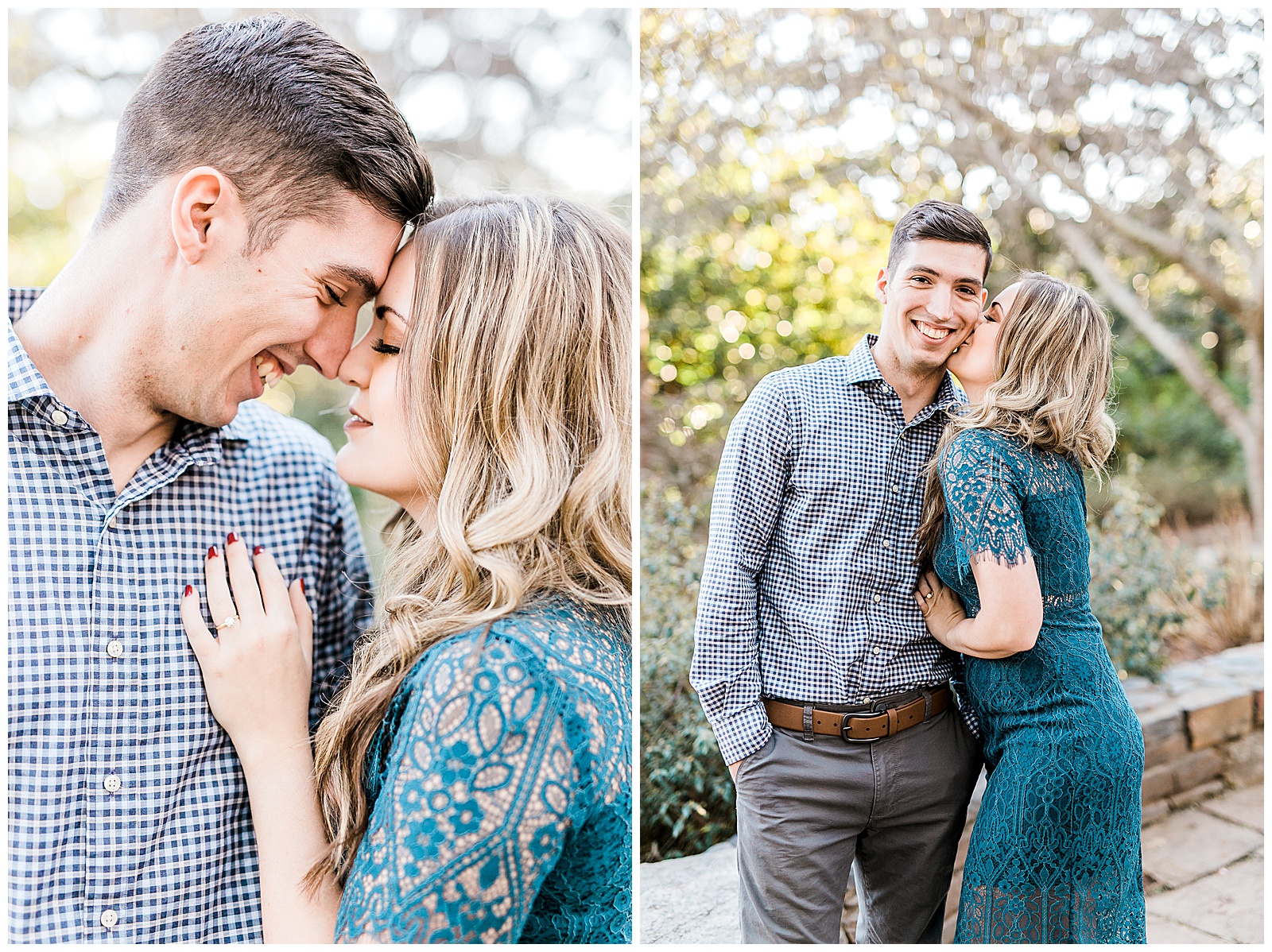 Blue Lace Dress Red Nails Blue Button Up Golden Hour Outdoor Fall Engagement Session with Whitney and Logan by Kevyn Dixon Photography