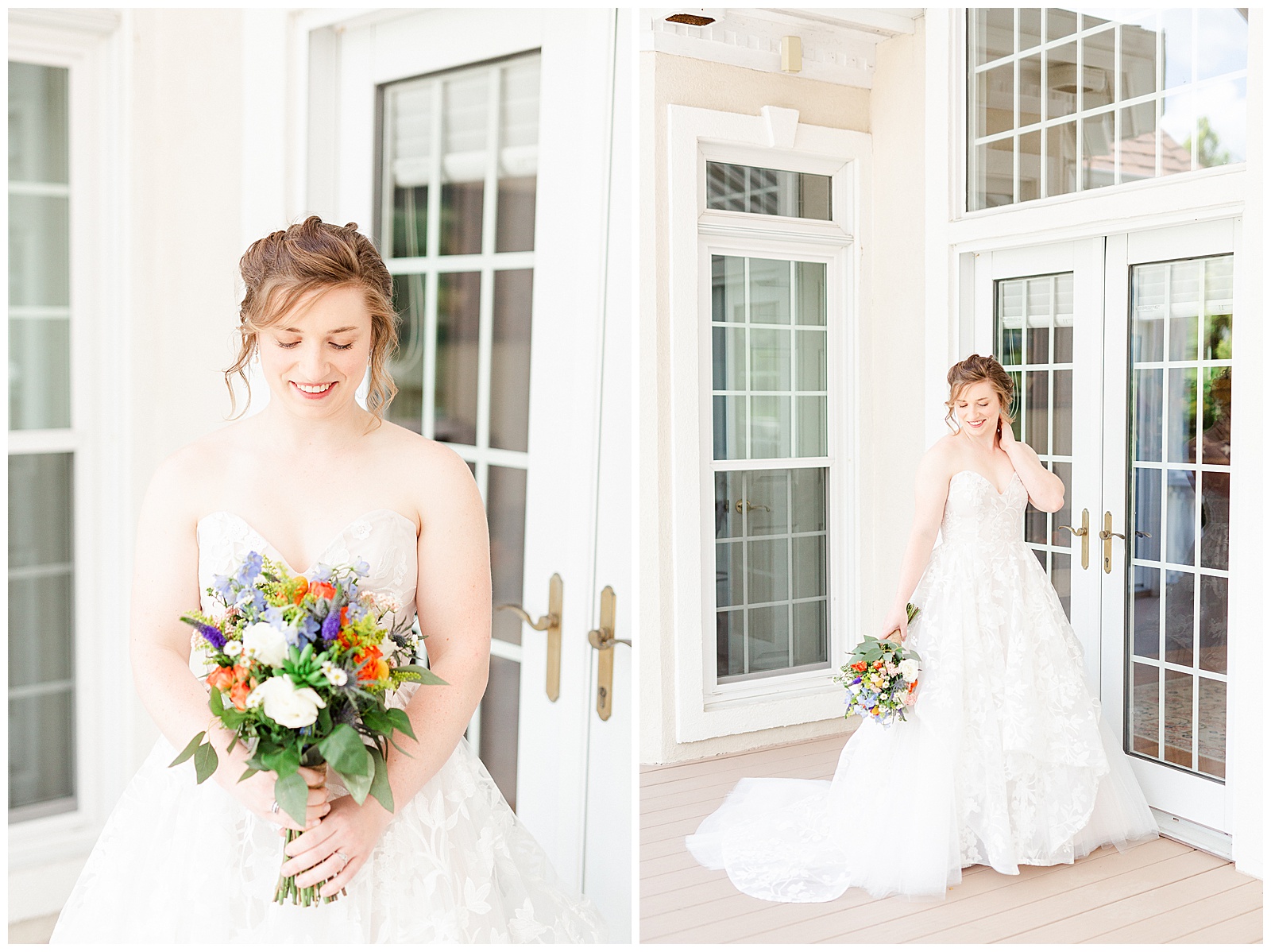 white house mansion location 👰 Bride: lace wedding dress + veil 💐 Colorful orange and blue bouquet 📸 Outdoorsy Lake and Mountain Bridal Session with Julia | Kevyn Dixon Photography