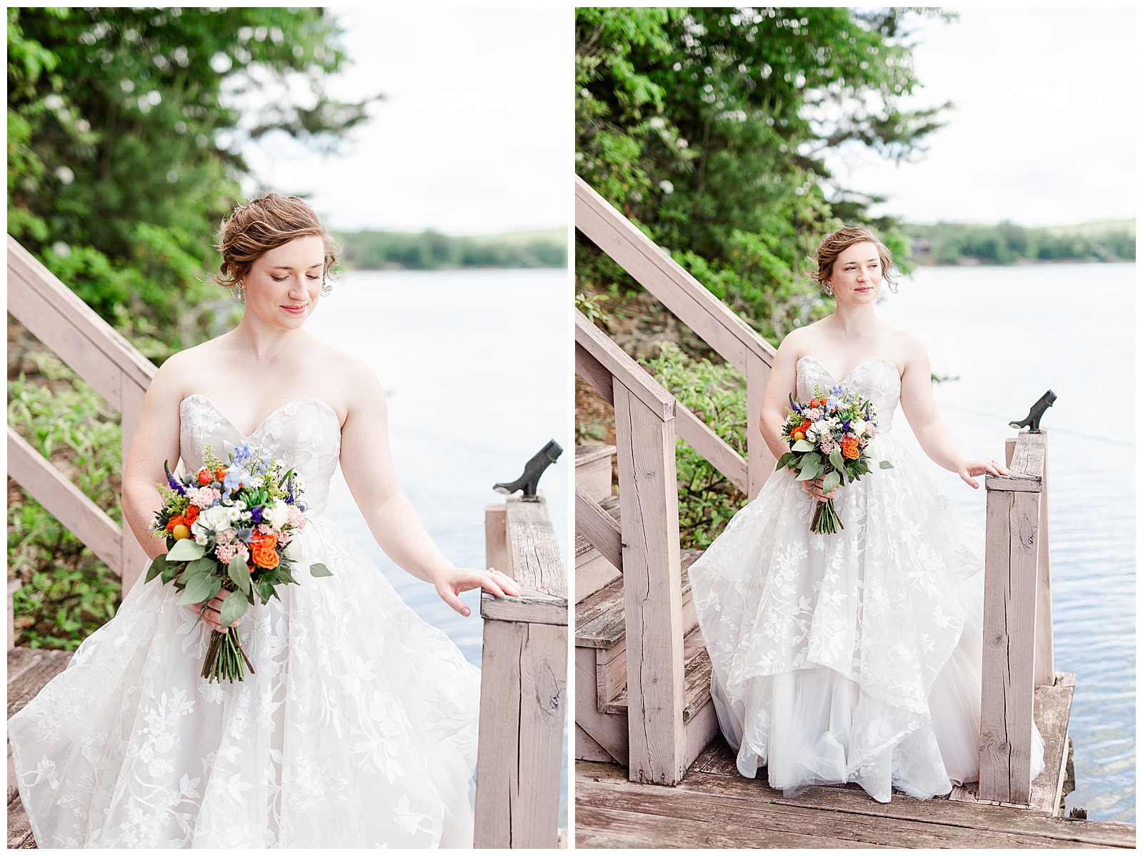 lakehouse location 👰 Bride: lace wedding dress + veil 💐 Colorful orange and blue bouquet 📸 Outdoorsy Lake and Mountain Bridal Session with Julia | Kevyn Dixon Photography