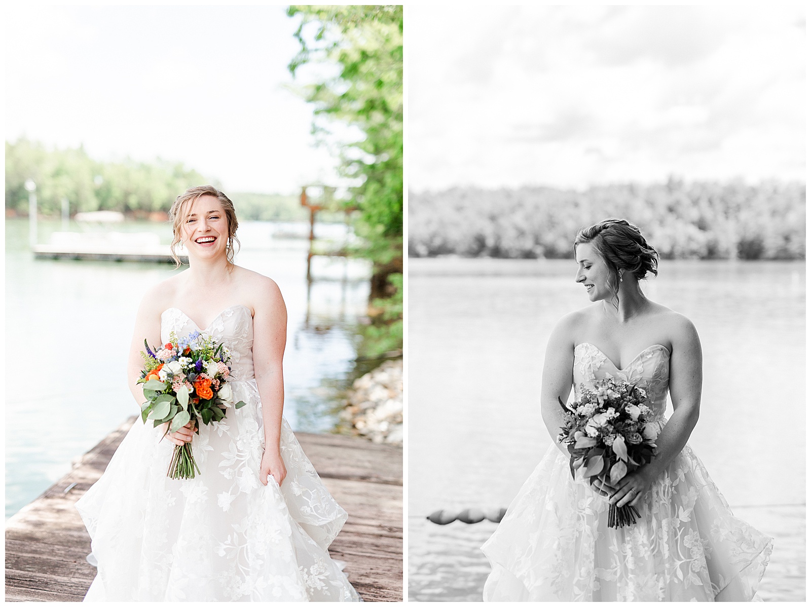 pier on the water location 👰 Bride: lace wedding dress + veil 💐 Colorful orange and blue bouquet 📸 Outdoorsy Lake and Mountain Bridal Session with Julia | Kevyn Dixon Photography