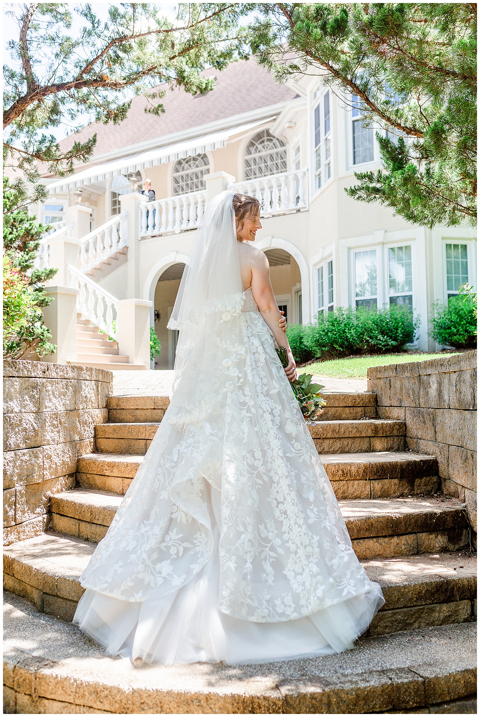 lakehouse mansion location 👰 Bride: lace wedding dress + veil 💐 Colorful orange and blue bouquet 📸 Outdoorsy Lake and Mountain Bridal Session with Julia | Kevyn Dixon Photography