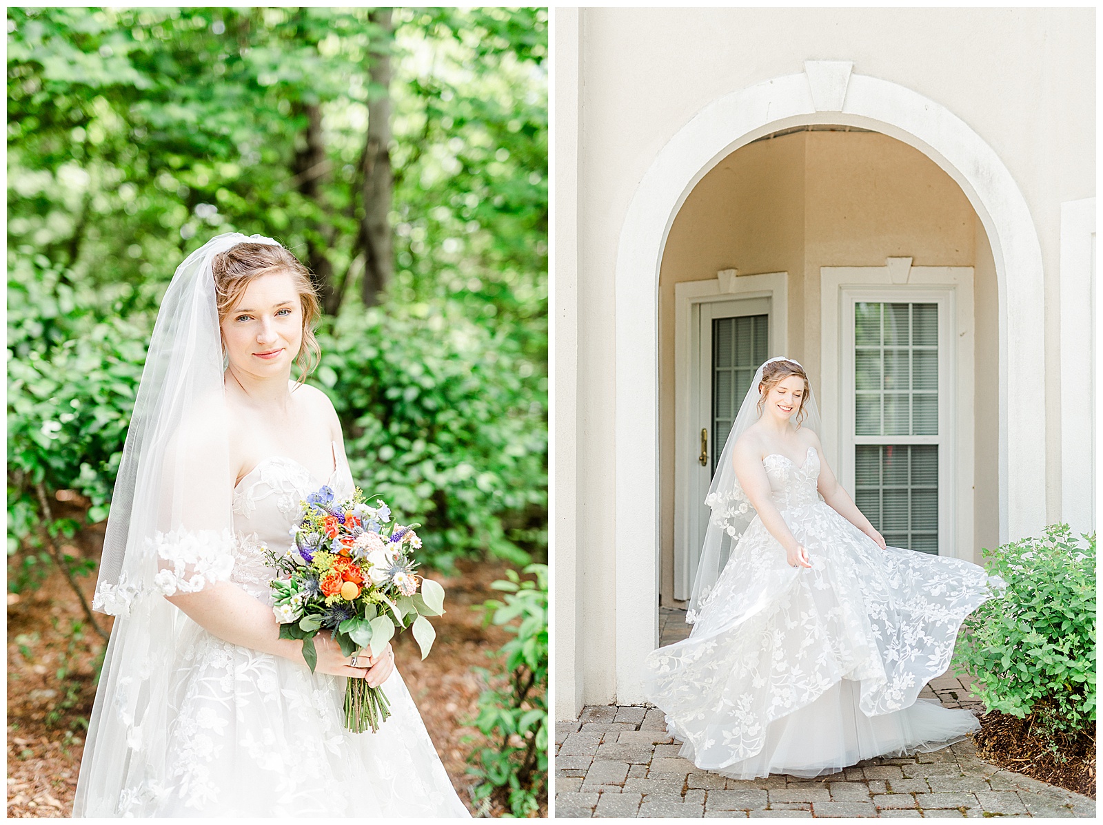 lakehouse mansion location 👰 Bride: lace wedding dress + veil 💐 Colorful orange and blue bouquet 📸 Outdoorsy Lake and Mountain Bridal Session with Julia | Kevyn Dixon Photography