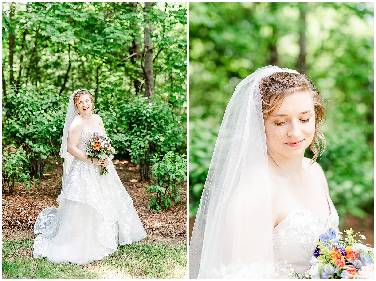 forest location 👰 Bride: lace wedding dress + veil 💐 Colorful orange and blue bouquet 📸 Outdoorsy Lake and Mountain Bridal Session with Julia | Kevyn Dixon Photography