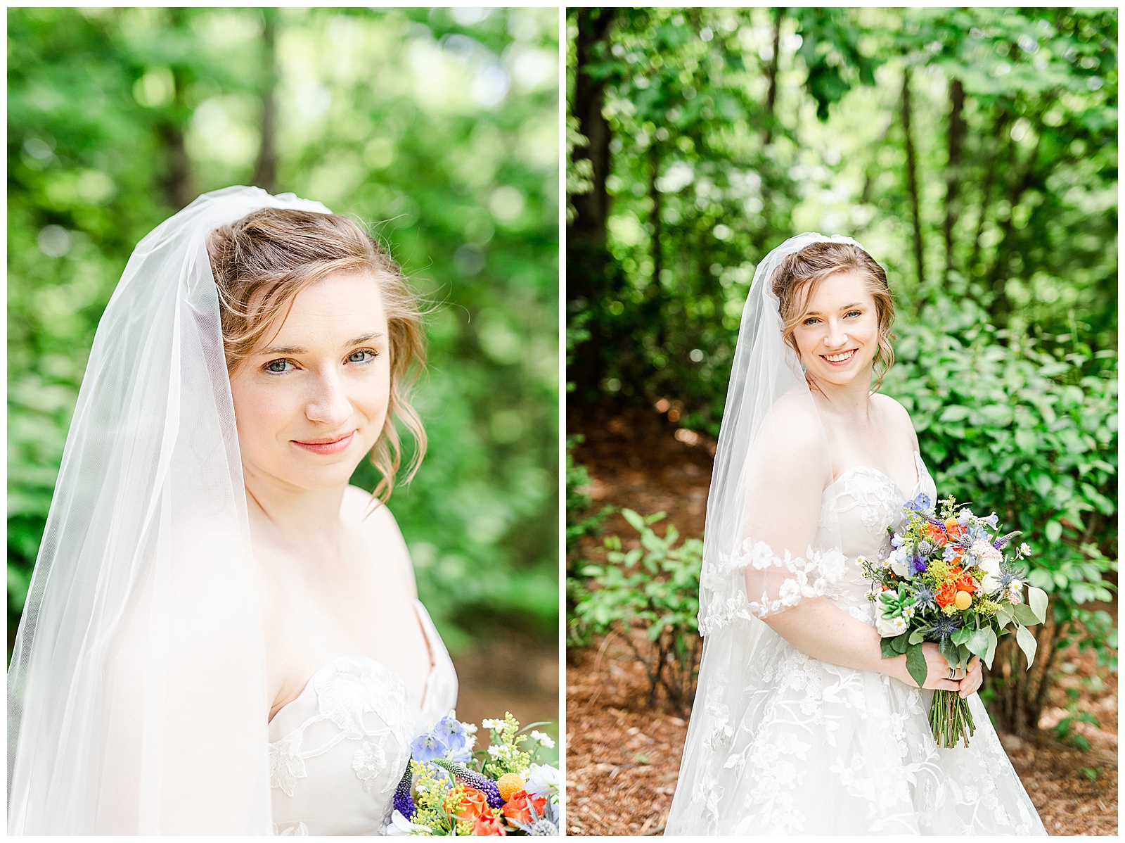 forest location 👰 Bride: lace wedding dress + veil 💐 Colorful orange and blue bouquet 📸 Outdoorsy Lake and Mountain Bridal Session with Julia | Kevyn Dixon Photography