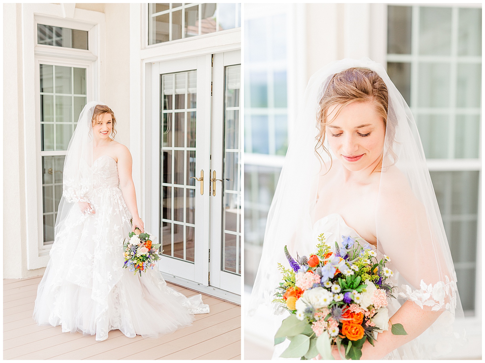 lakehouse white mansion location 👰 Bride: lace wedding dress + veil 💐 Colorful orange and blue bouquet 📸 Outdoorsy Lake and Mountain Bridal Session with Julia | Kevyn Dixon Photography