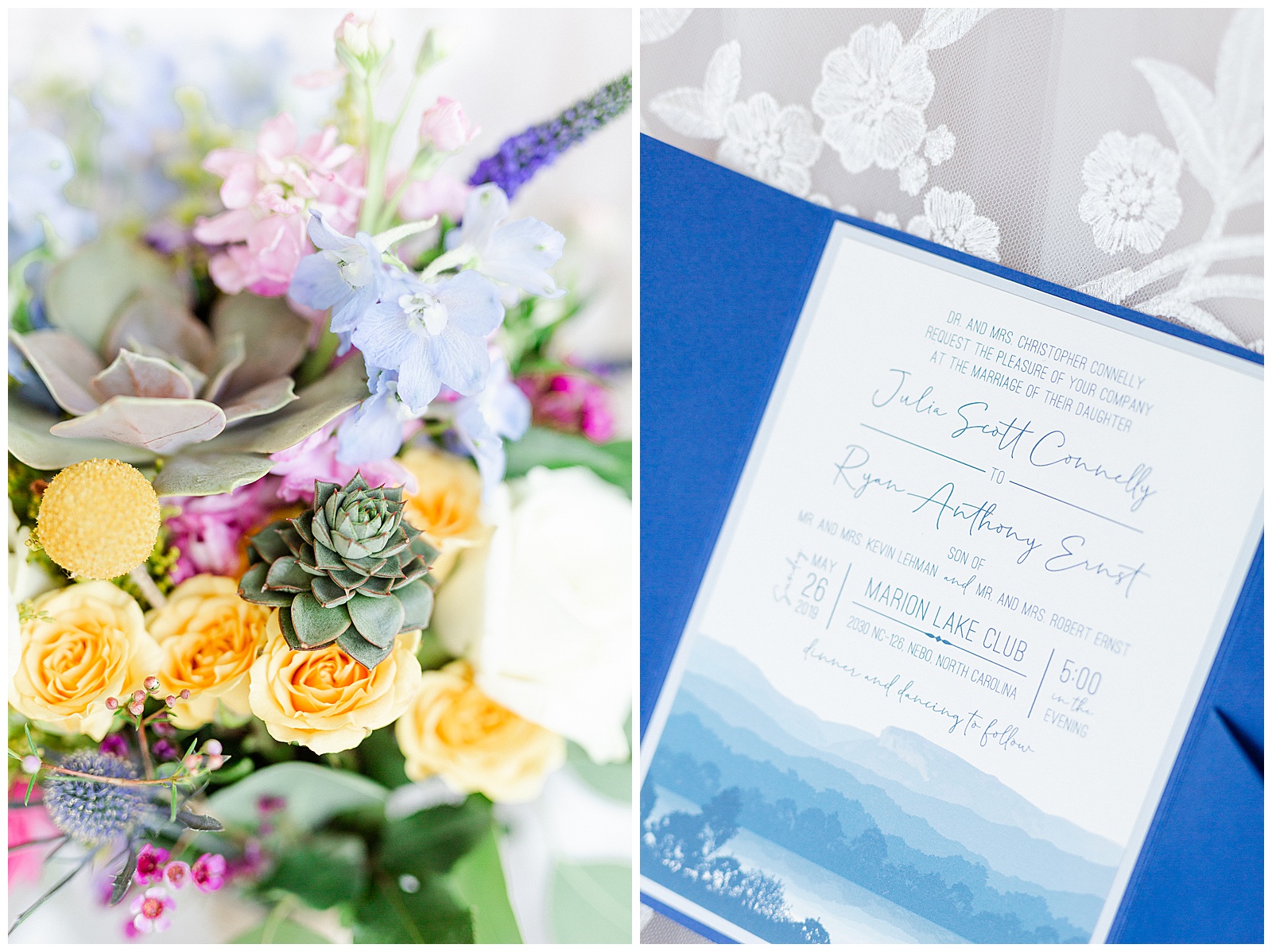 Blue Wedding Invitation and Colorful Bouquet from Outdoorsy Summer Wedding at North Carolina Lakehouse in the Mountains | check out the full wedding at KevynDixonPhoto.com