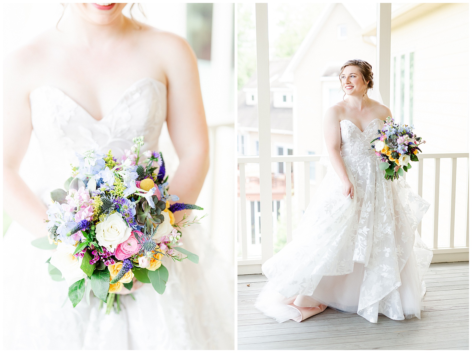 Colorful Bouquet and Strapless Lace Wedding Dress from Outdoorsy Summer Wedding at North Carolina Lakehouse in the Mountains | check out the full wedding at KevynDixonPhoto.com