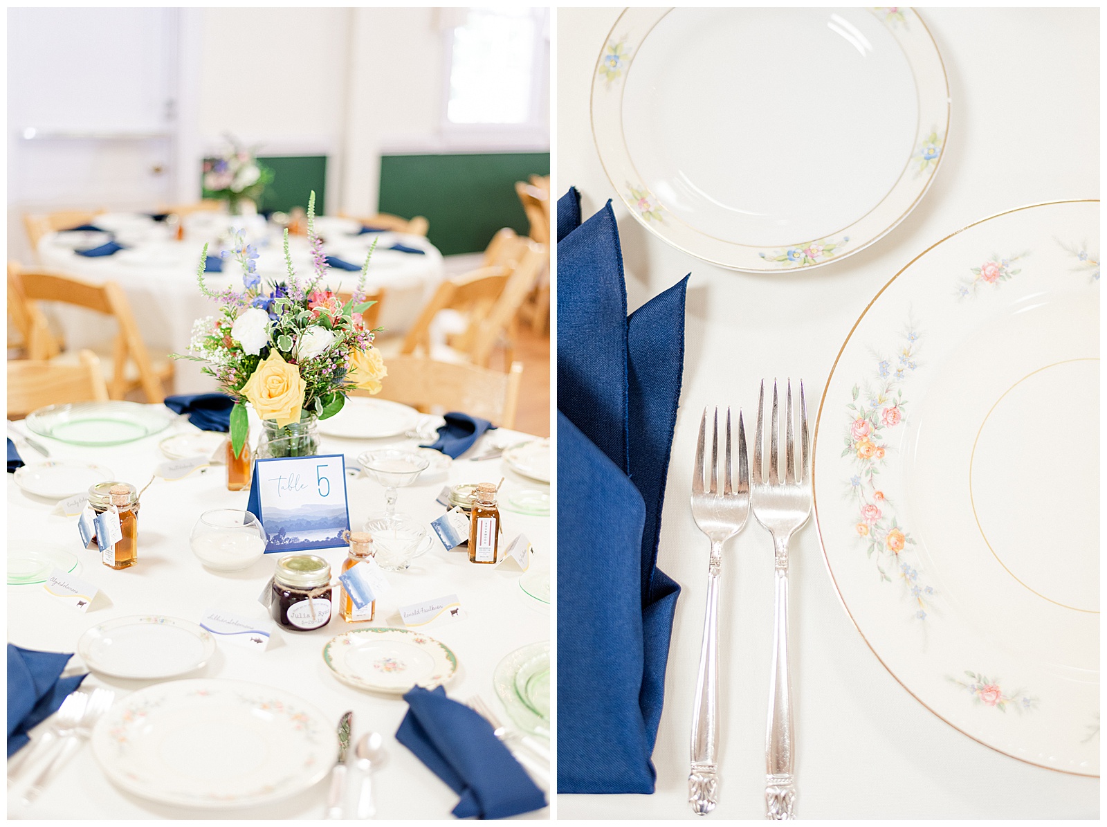 Blue Themed Table Setting and Fine China from Outdoorsy Summer Wedding at North Carolina Lakehouse in the Mountains | check out the full wedding at KevynDixonPhoto.com
