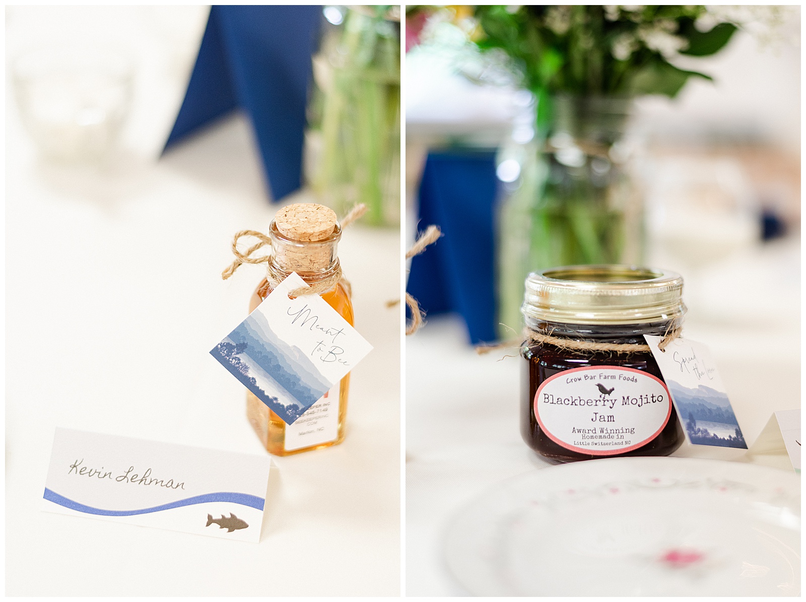 Fun "Meant to Bee" and Blackberry Jam Party Favors from Outdoorsy Summer Wedding at North Carolina Lakehouse in the Mountains | check out the full wedding at KevynDixonPhoto.com