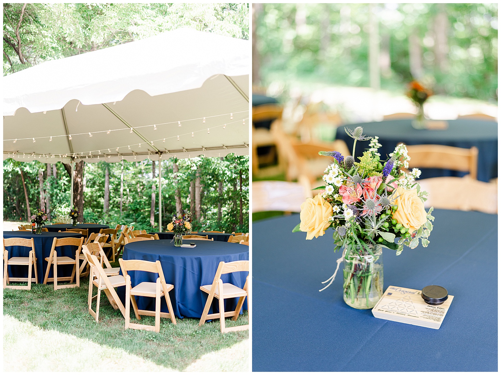 Blue Themed Colorful Floral Outdoor Table Setting and Fine China from Outdoorsy Summer Wedding at North Carolina Lakehouse in the Mountains | check out the full wedding at KevynDixonPhoto.com