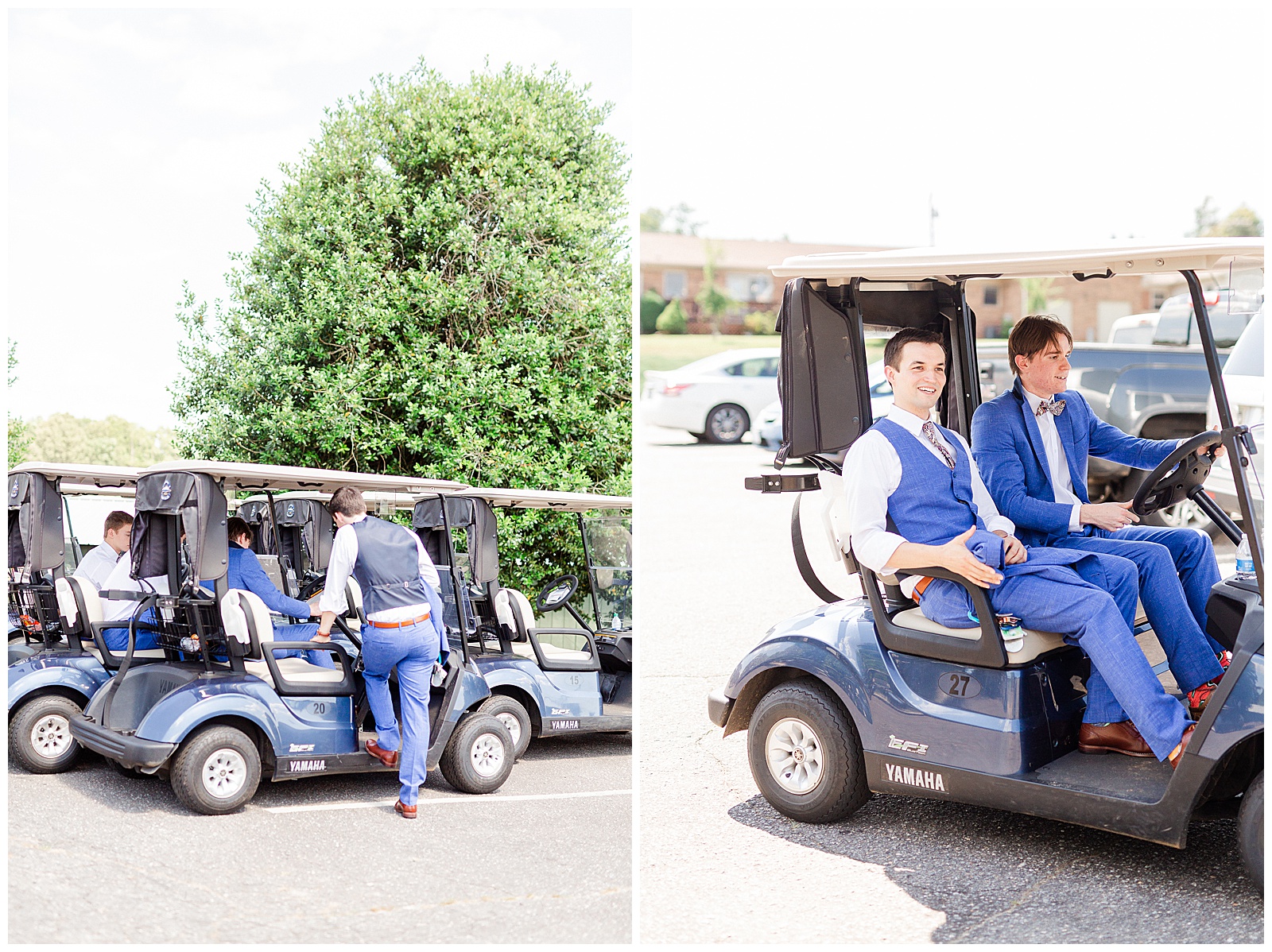 Blue Themed Groomsmen ride golf carts at Outdoorsy Summer Wedding at North Carolina Lakehouse in the Mountains | check out the full wedding at KevynDixonPhoto.com
