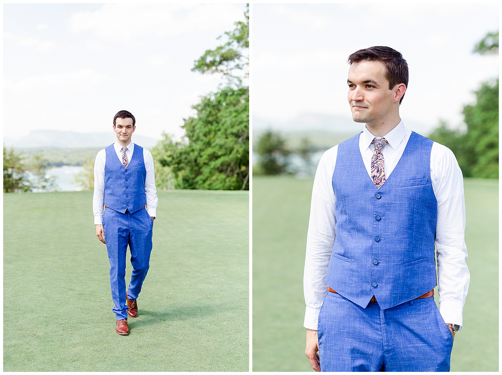 Blue Themed Suit Groom Portraits at Outdoorsy Summer Wedding at North Carolina Lakehouse in the Mountains | check out the full wedding at KevynDixonPhoto.com