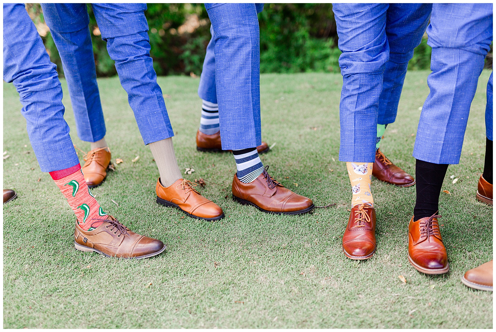 Blue Themed Suit and funny mismatched socks from Groom Portraits at Outdoorsy Summer Wedding at North Carolina Lakehouse in the Mountains | check out the full wedding at KevynDixonPhoto.com