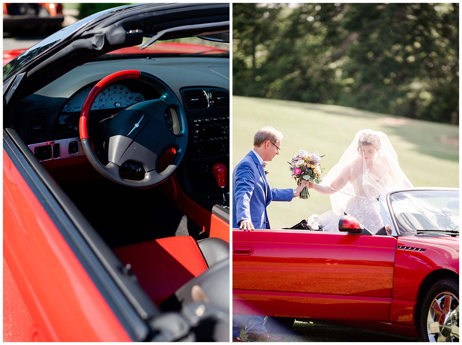 Bride Arrives at wedding in Red Ford Thunderbird from Outdoorsy Summer Wedding at North Carolina Lakehouse in the Mountains | check out the full wedding at KevynDixonPhoto.com